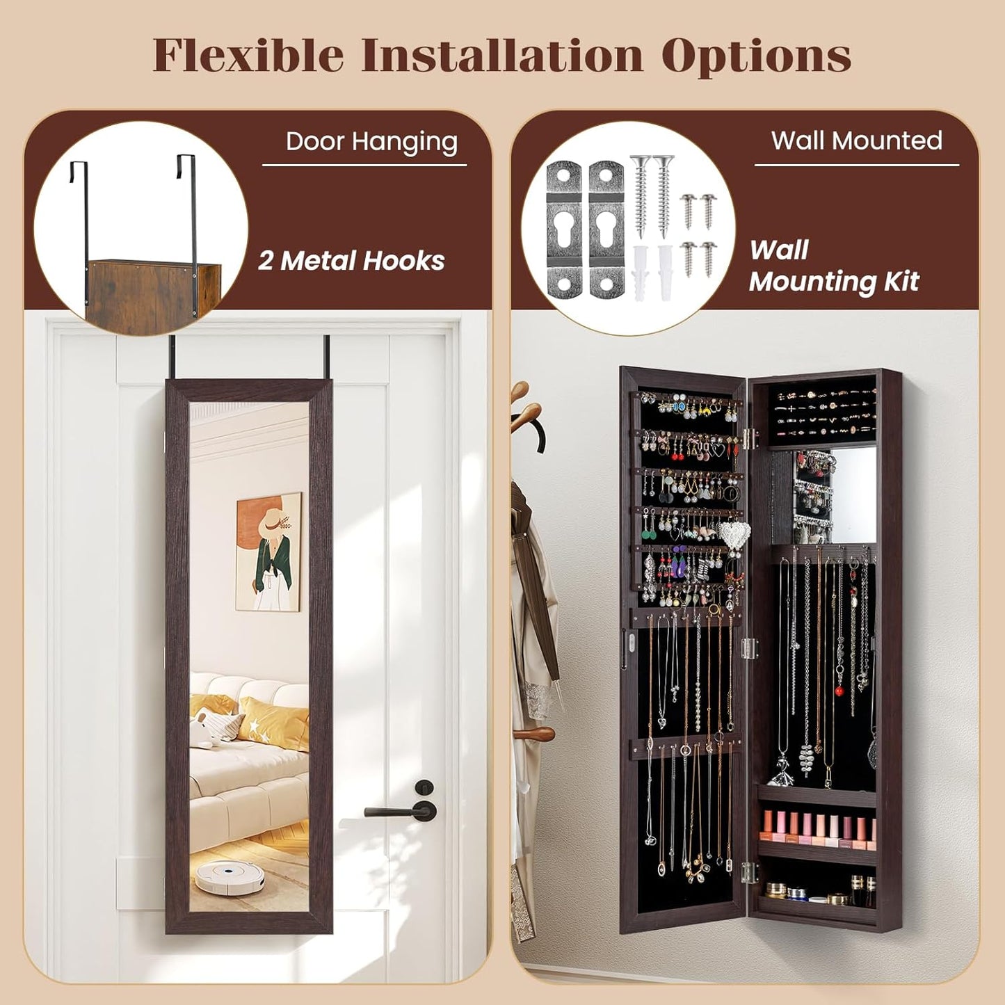 Giantex Wall Mounted Jewelry Cabinet with Full Length Mirror, Over The Door Jewelry Armoire Organizer with Large Storage, Makeup Mirror & Velvet Lining (Brown)