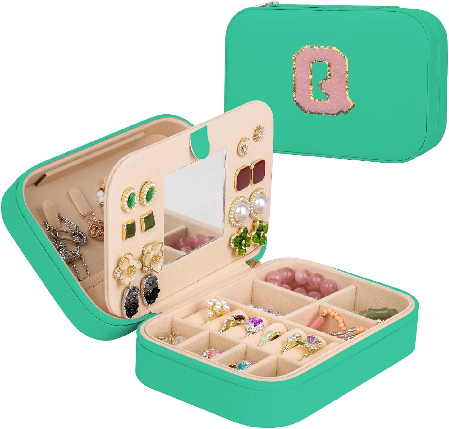 TopPerfekt Travel Jewelry Case, Jewelry Box with Mirror, Jewelry Organizer Bridal Shower Gifts to Her, Earring Storage Travel Case, Trendy Gift for Women and Girls, Girlfriend-Letter Q, Green