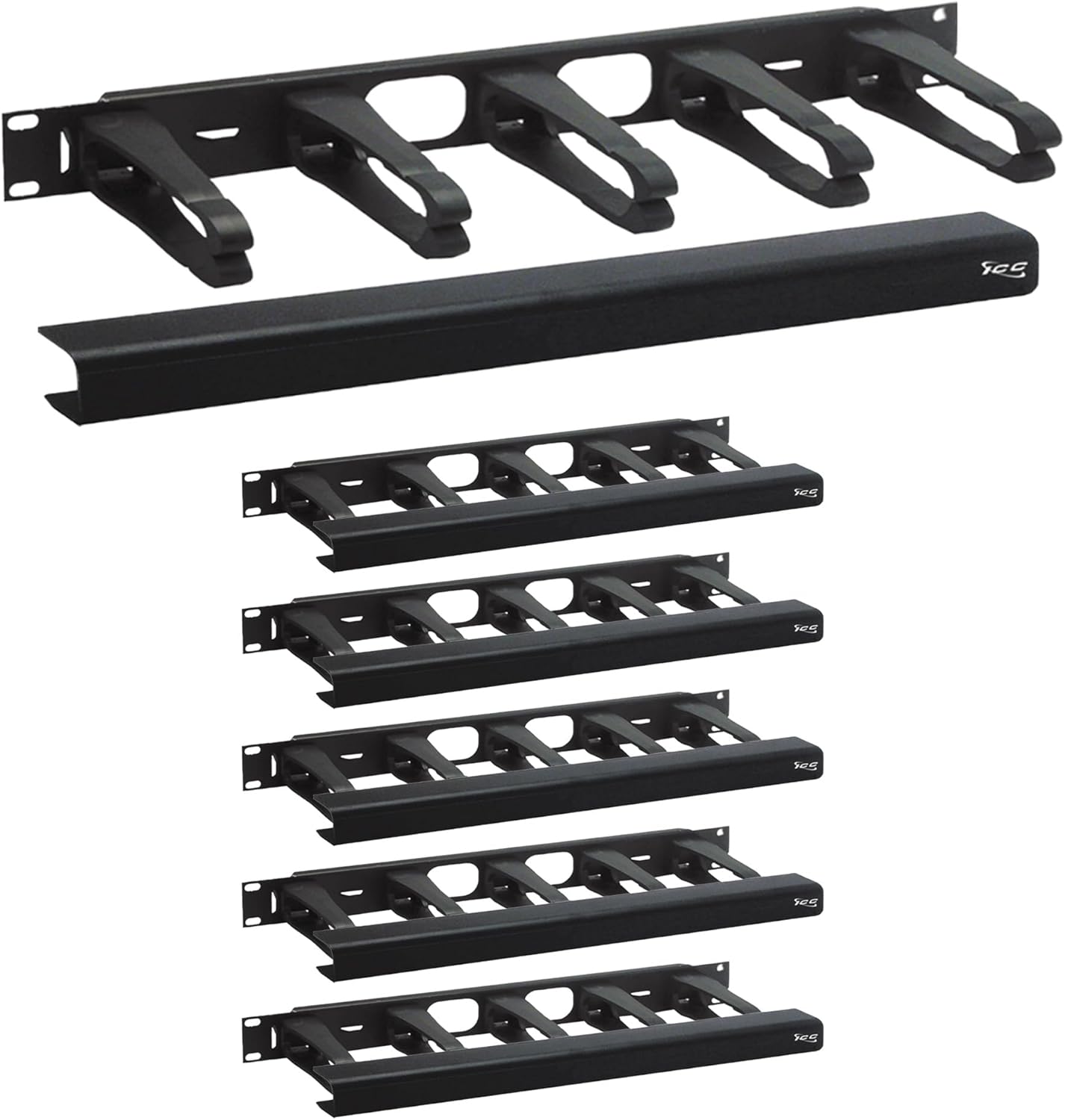 ICC 1U Ring Cable Manager Panel with Cover, Plastic with Metal Back Frame, 4" D-Rings, Horizontal Cable Management, Rackmount for 19” Network Racks, Black, 6-Pack