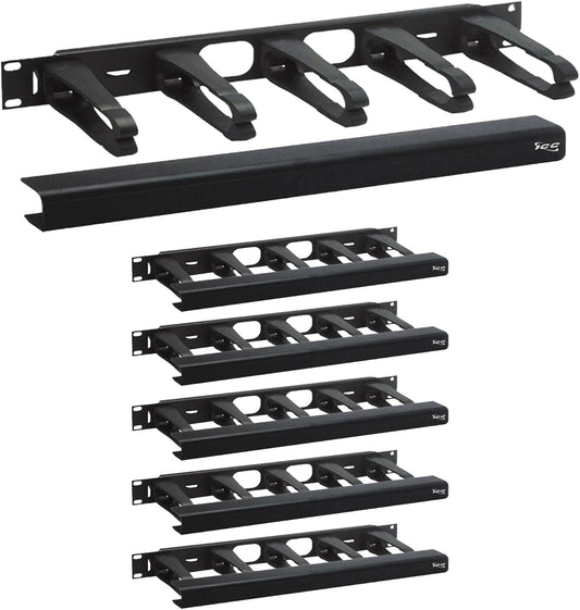 ICC 1U Ring Cable Manager Panel with Cover, Plastic with Metal Back Frame, 4" D-Rings, Horizontal Cable Management, Rackmount for 19” Network Racks, Black, 6-Pack