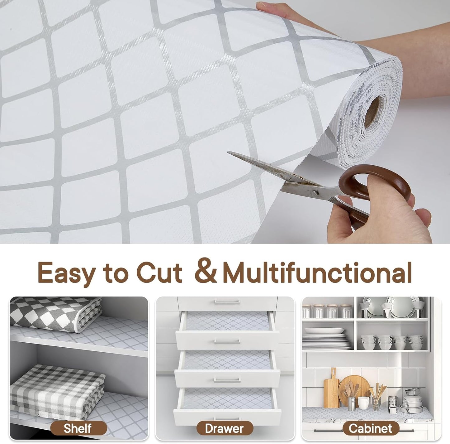 Shelf and Drawer Liner for Kitchen Cabinets Non-Adhesive, Strong Grip Non-Slip Thickened Cabinet Liners for Shelves, Waterproof Mats for Dresser Cupboard, Silver Stripe, 24 in x 10 Feet