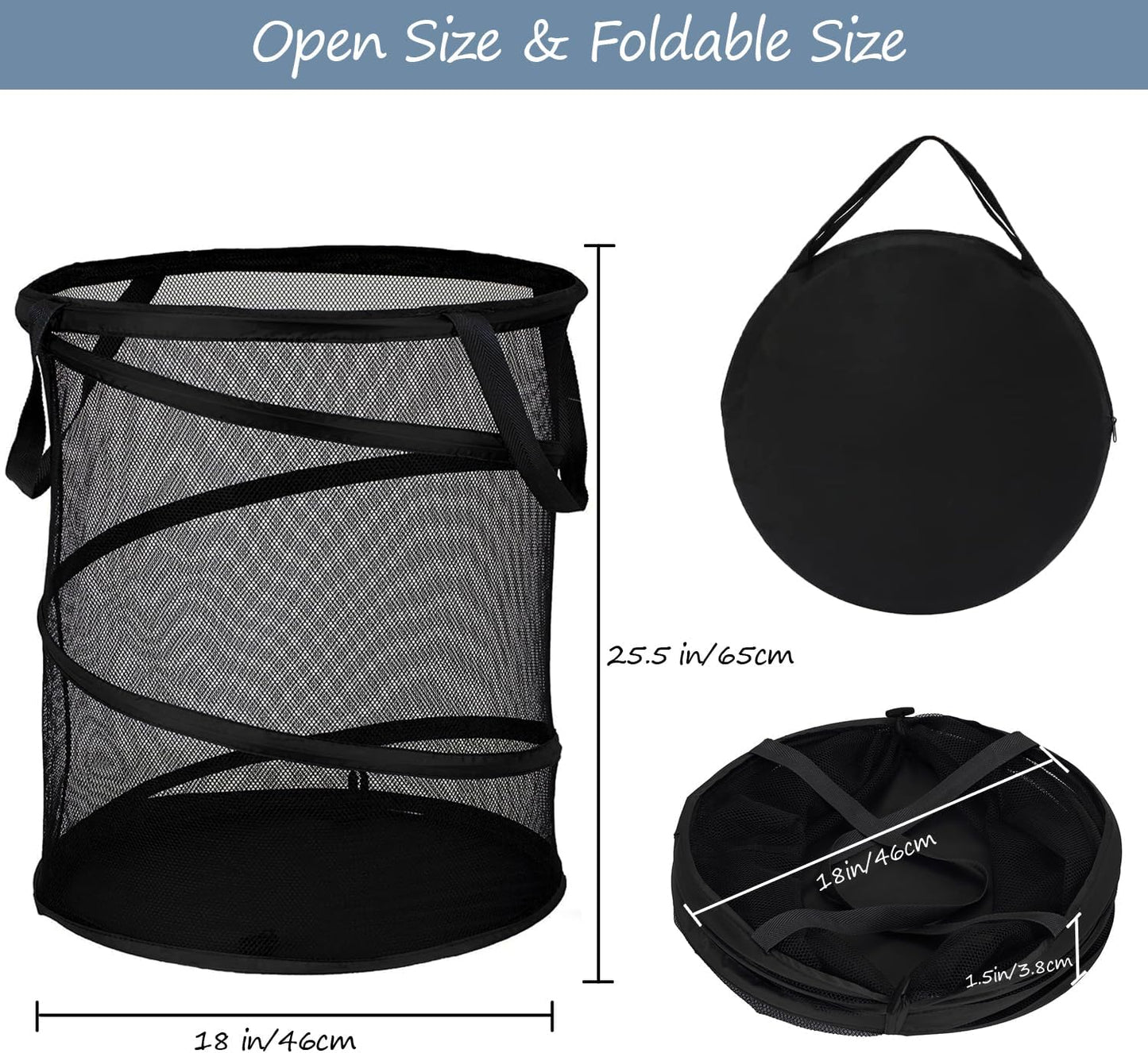 BATTOO Mesh Collapsible Laundry Baskets, Foldable Pop Up Laundry Hamper, Extral Large 113L Laundry Basket Hamper for Laundry, Bathroom, Kids Room, College Dorm, Travel, Camping Black