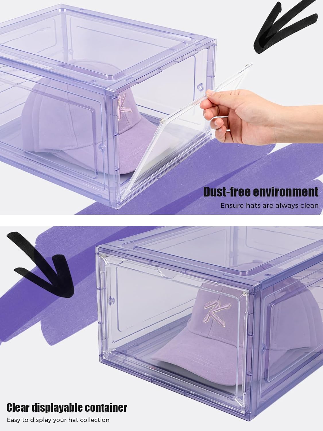 6 Pack Hat Organizer Box, Stackable Clear Baseball Caps Holder Box Containers with Magnetic Door for Hats Snapback Cap Storag, Hat Rack Display Case, Holds 8 Hats Each (Purple)