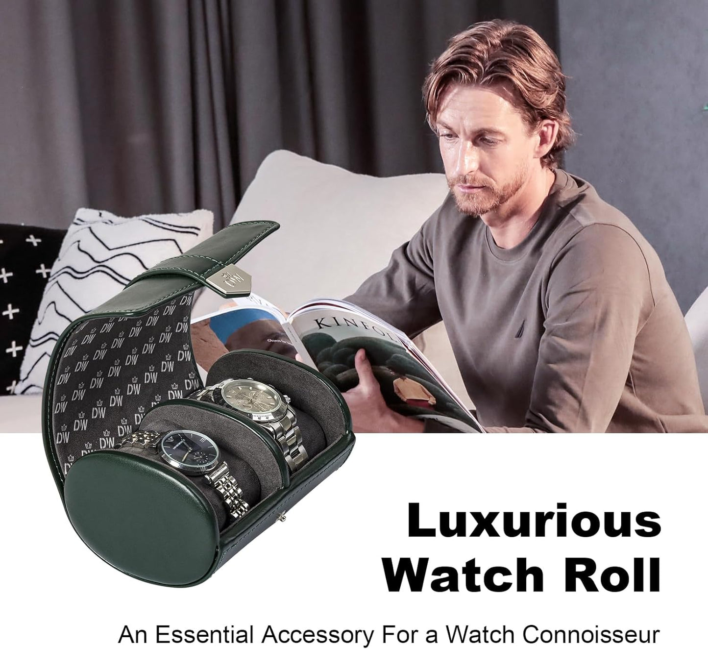 DUKWIN Watch Roll for 2 Watches,Vegan Leather Travel Watch Case Organizer with Removable Pillows for Men and Women,Display Case for Watches Collection and Gift for Anniversary Birthday(Green Storage)