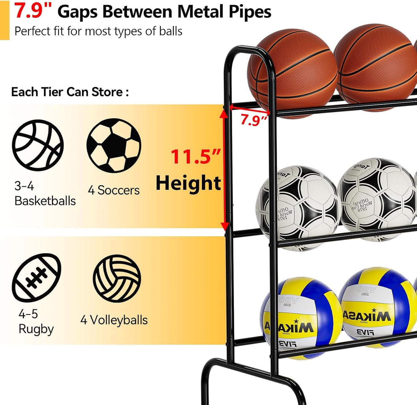 SUFAUY Sports Equipment Organizer, Garage Basketball Rack, Gear & Ball Storage Rack, Outdoor and Indoor Rolling Balls Cart with Wheels