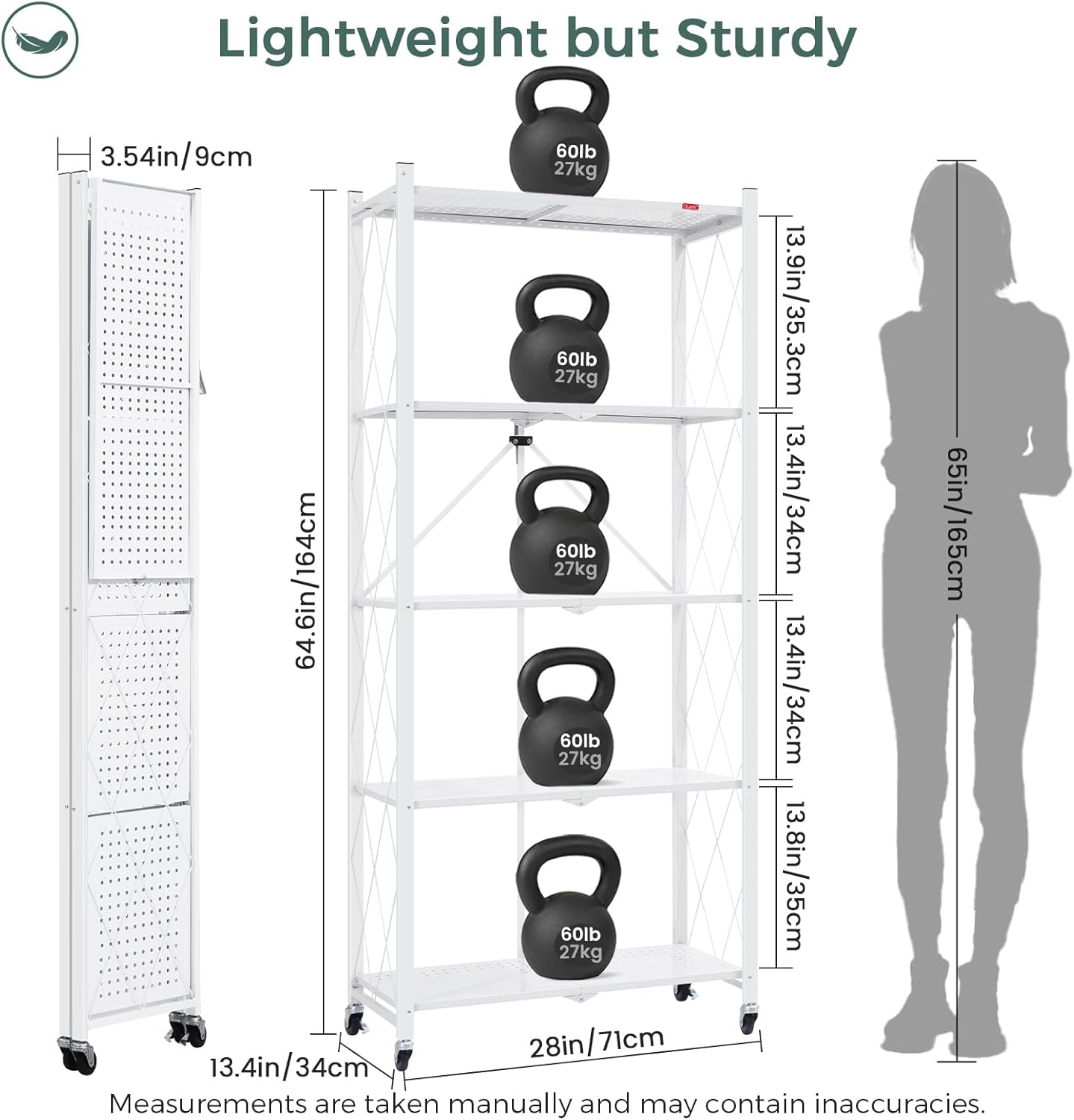 DEANIC 5 Tier Foldable Storage Shelves with Wheels, Large Capacity Shelving Unit, Freestanding Metal Wire Shelf Rack, No Assembly Organizer Rack for Garage Kitchen, Basement, Pantry(White Pack of 3)