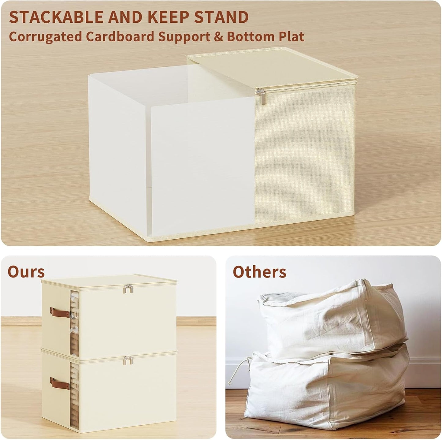 Large Clothes Storage Bins with Sturdy Frame, Foldable Clothing Organizer Box, Sweater Storage Cube with Lids and Zipper, Fabric Bedding Storage Bags for Blankets, Seasonal Clothes, Comforter
