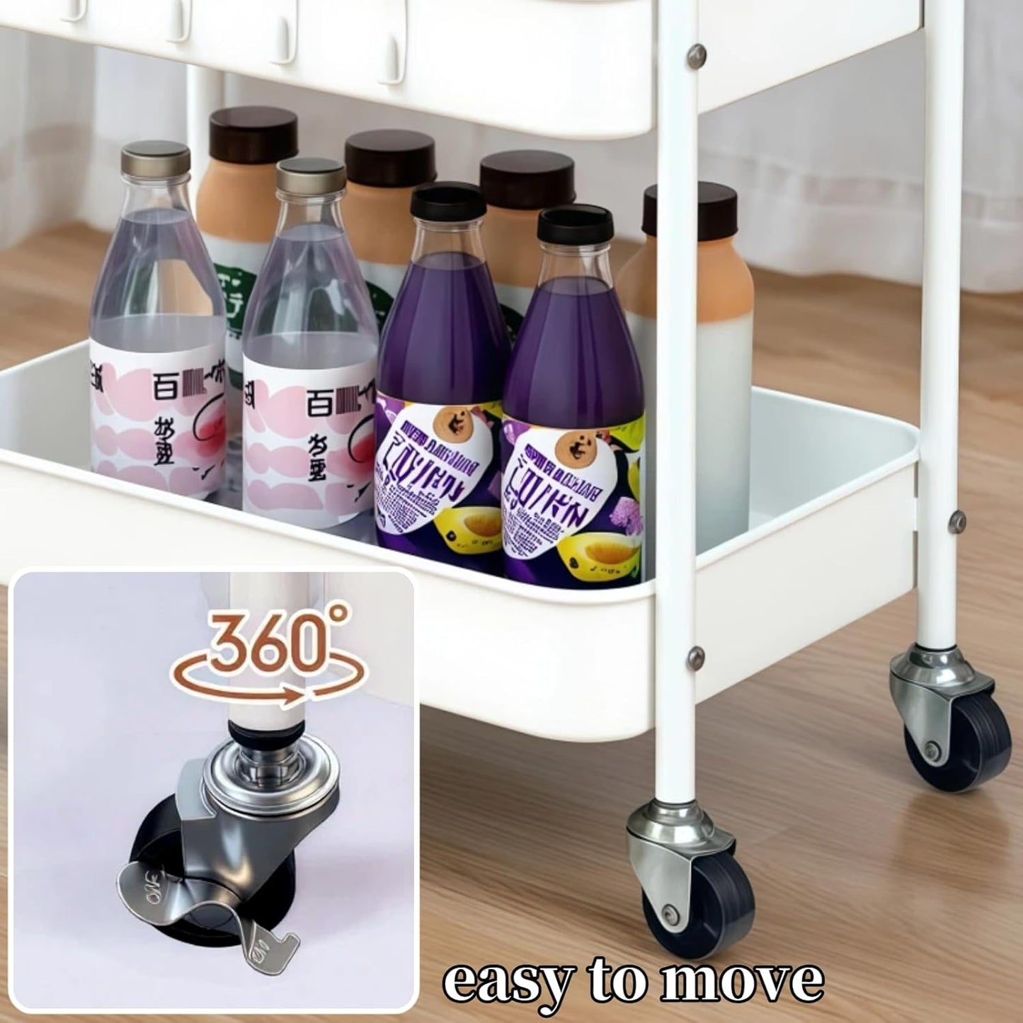 Under Desk Storage Cart 2 Tier Utility Rolling Cart with Wheels, Small Metal Mobile Trolley with Handle Two Tiered Utility Organizer Roller for Kitchen Office Bathroom Pantry Room, White