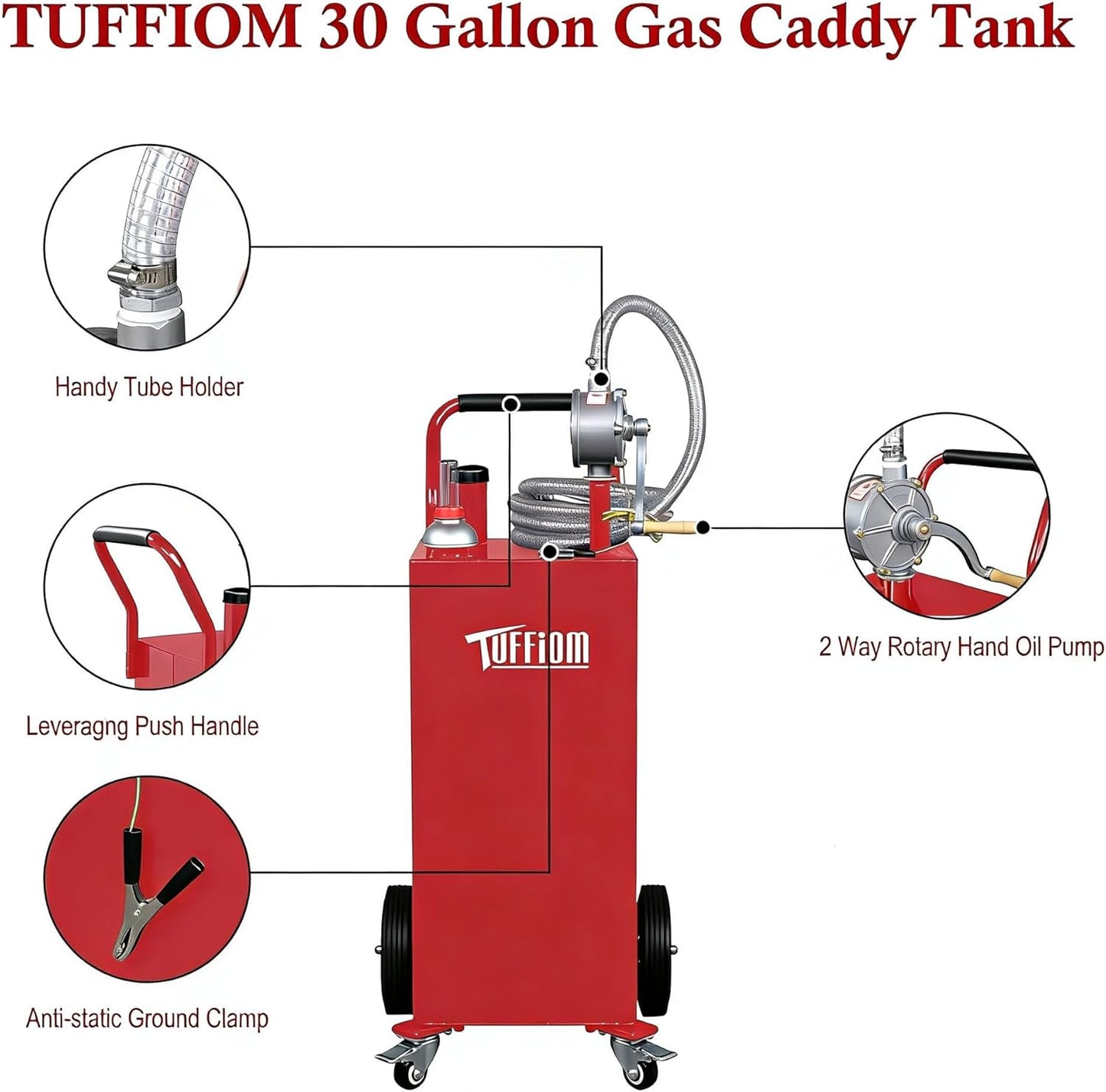 TUFFIOM 30 Gallon Portable Gas Caddy w/Swivel Wheels,Fuel Storage Tank, Gasoline Diesel Can with Fuel Transfer Rotary Hand Siphon Pump for Automobile ATV Car Mower Tractor Boat Motorcycle
