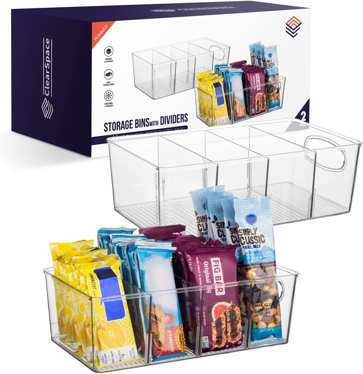 ClearSpace Pantry Organizers and Storage with Removable Dividers – Pantry Organization and Storage Bins or Kitchen and Fridge Organizer – Refrigerator Organizer Bins, Snack Organizers (2 Pack)