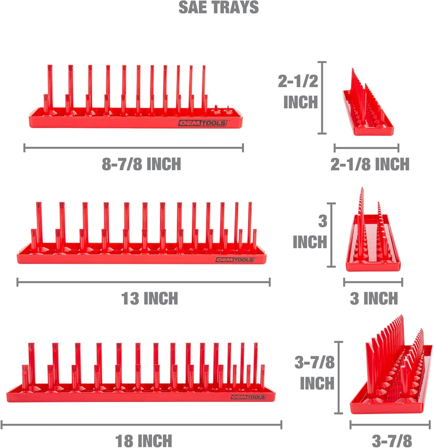 OEMTOOLS 22413 6 Piece SAE and Metric Socket Tray Set, SAE and Metric Socket Storage for Sizes 1/4", 3/8”, and 1/2" Drive, Socket Holders and Socket Organizer Tray for Toolbox, Red/Grey