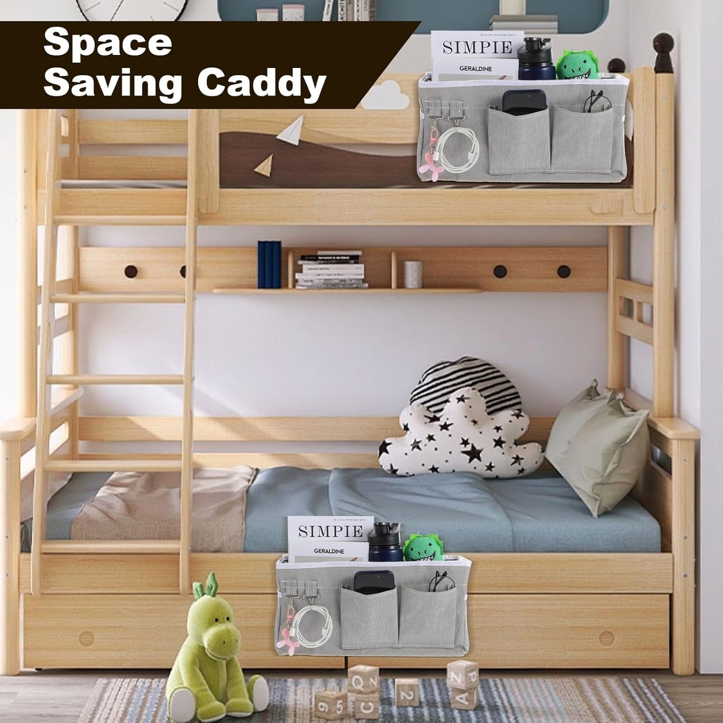 2 Pack Bedside Storage Caddy Organizer Bedside Hanging Storage Bag with Pockets for Headboards Bunk Beds Dorm Rooms Book Phone Magazine Holder Bunk bed Shelf Accessories (Grey)
