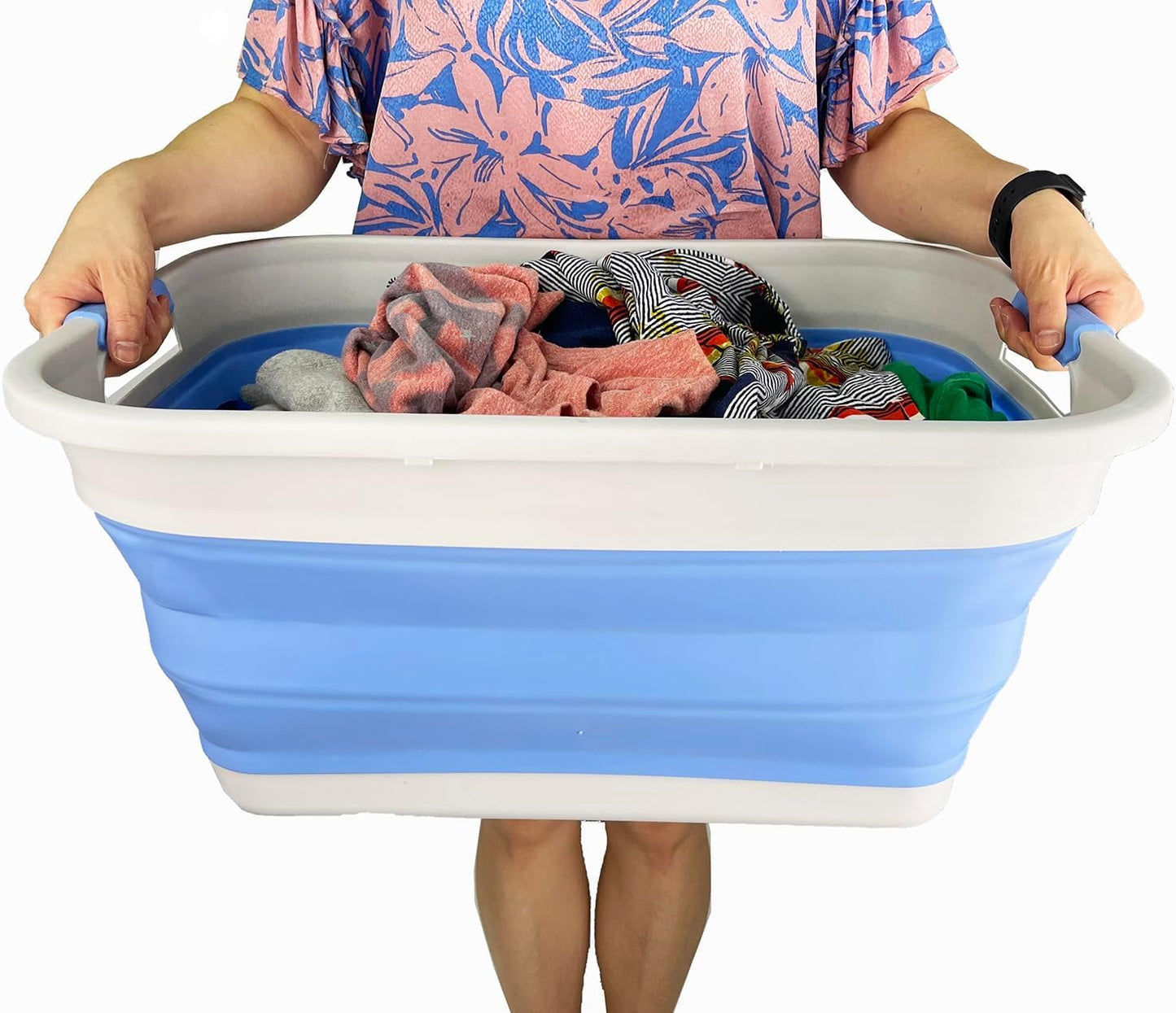 SAMMART 41L (10.8 gallon) Collapsible Plastic Laundry Basket - Foldable Pop Up Storage Container/Organizer - Portable Washing Tub - Space Saving (Grey/Little Boy Blue, Rectangular)