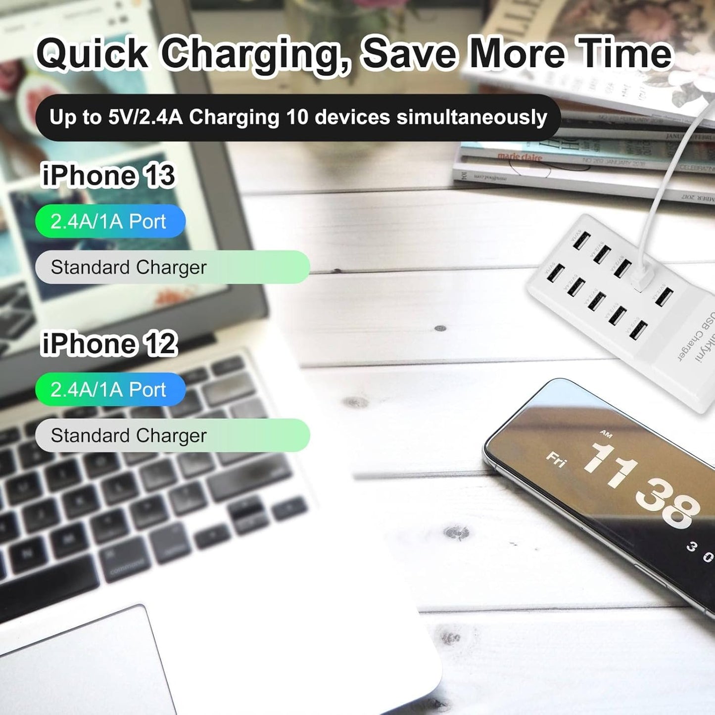 2 Pack 10-Ports USB Charger Station, Power Strips with Surge Protection，Smart USB Charger for Multiple Devices,Smart Watches ，Smart Phones， Tablets for Home,Office,Travel(USB-A Port)
