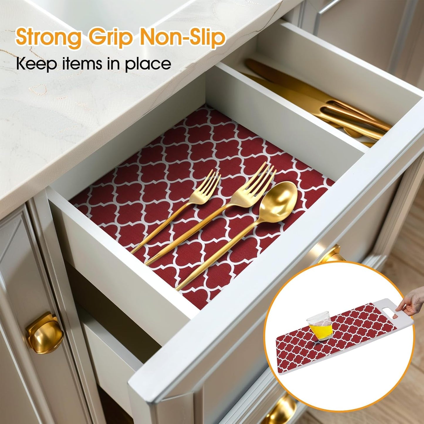 Shelf and Drawer Liner for Kitchen Cabinets Non-Adhesive, Strong Grip Non-Slip Thickened Cabinet Liners for Shelves, Waterproof Mats for Dresser Cupboard, Red/White, 12 in x 30 Feet