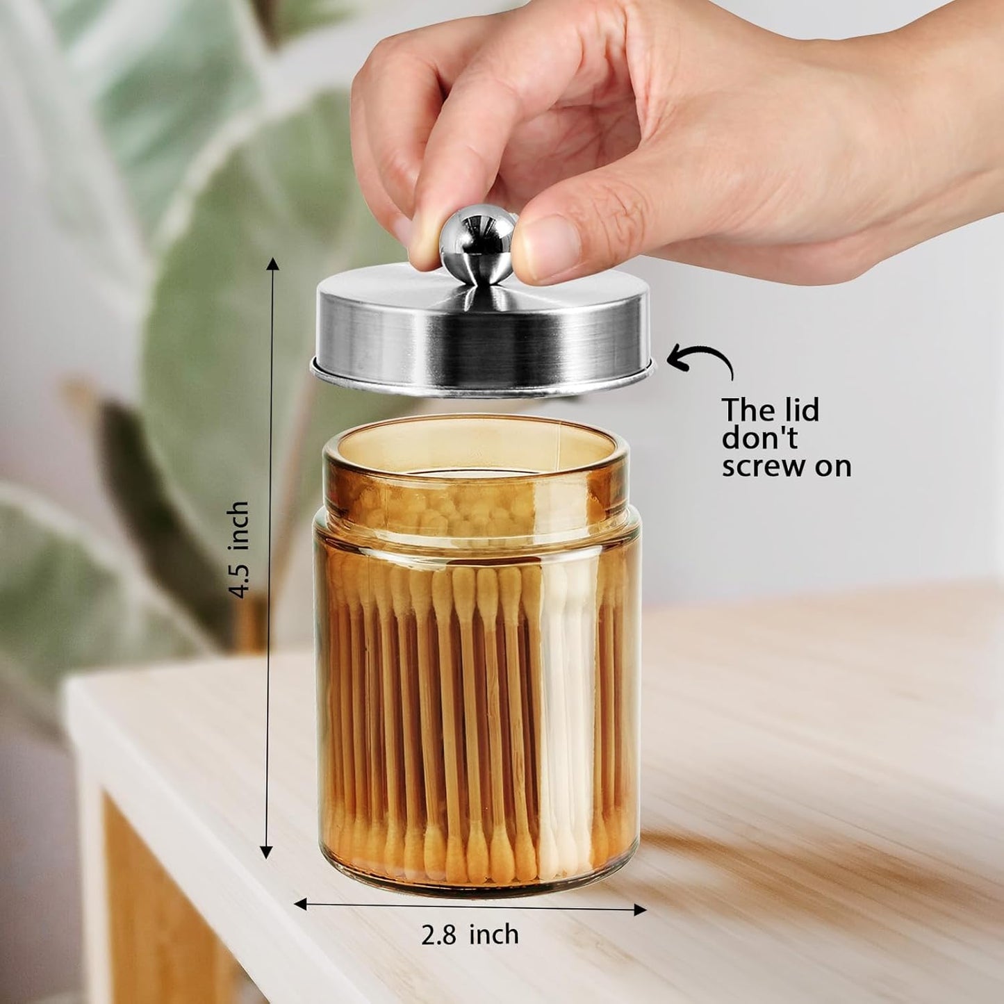 Amolliar Bronze Glass Apothecary Jar, Qtip Holder Metal Lid & Stickers, Bathroom Qtip Dispenser Storage, Canister for Cotton Balls, Cotton Swabs, Makeup Pads, Bath Salt, Floss, 4 Pack (Brushed Nickel)