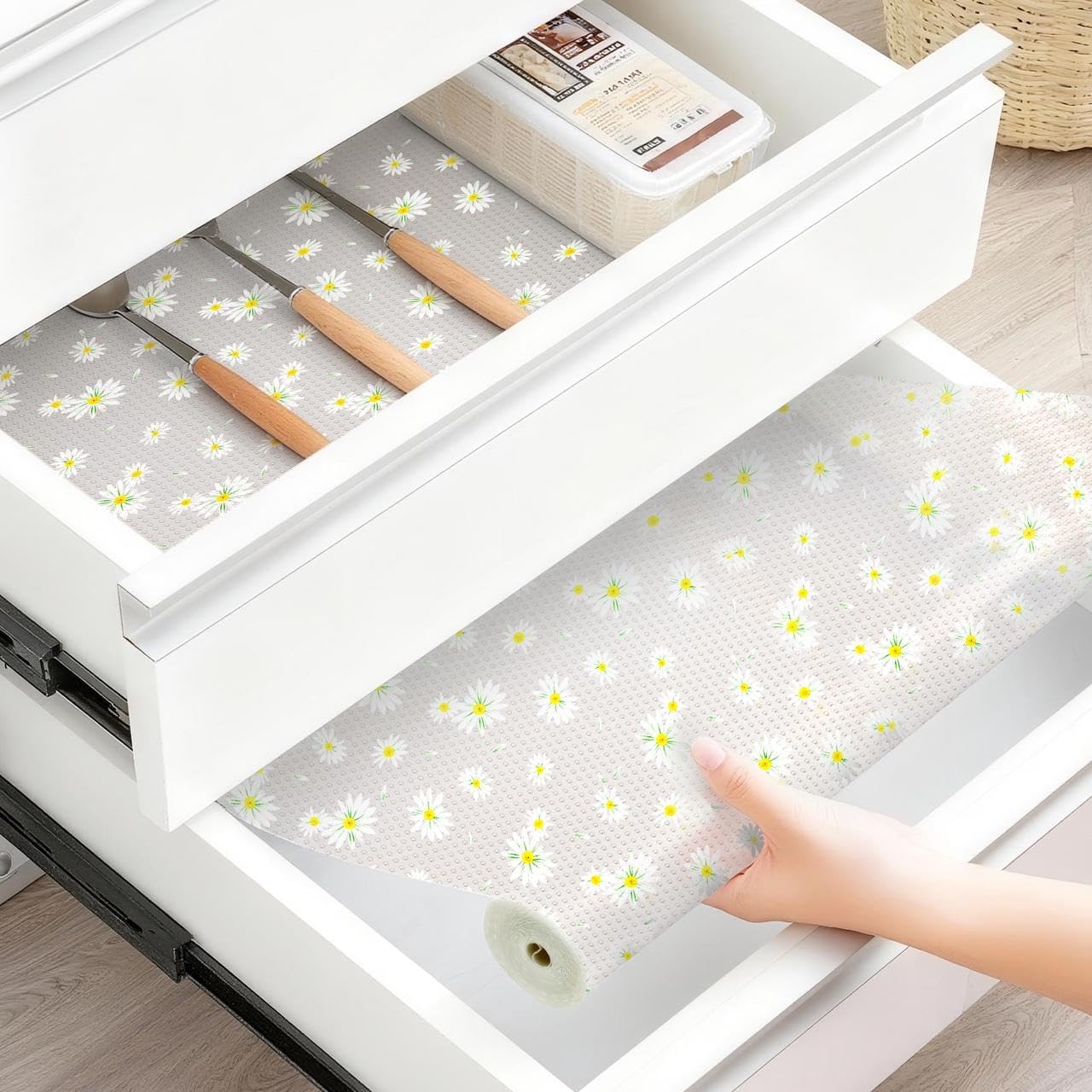 FEXIA Shelf Liner 12 Inch x 20 FT Daisy Non Slip Waterproof Cabinet and Drawer Liner for Kitchen Cabinet Refrigerator Pantry Closet Durable Non Adhesive