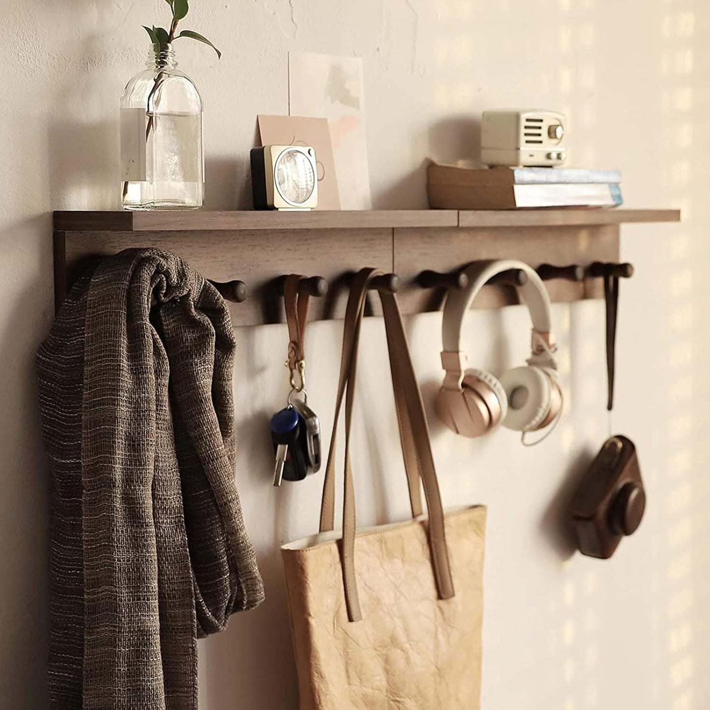 Entrance Coat Rack ，Coat Hooks, Wall-Mounted Wooden Hook Rack, Wall-Mounted Shelves are Very Suitable (Walnut Colored Finish-1)