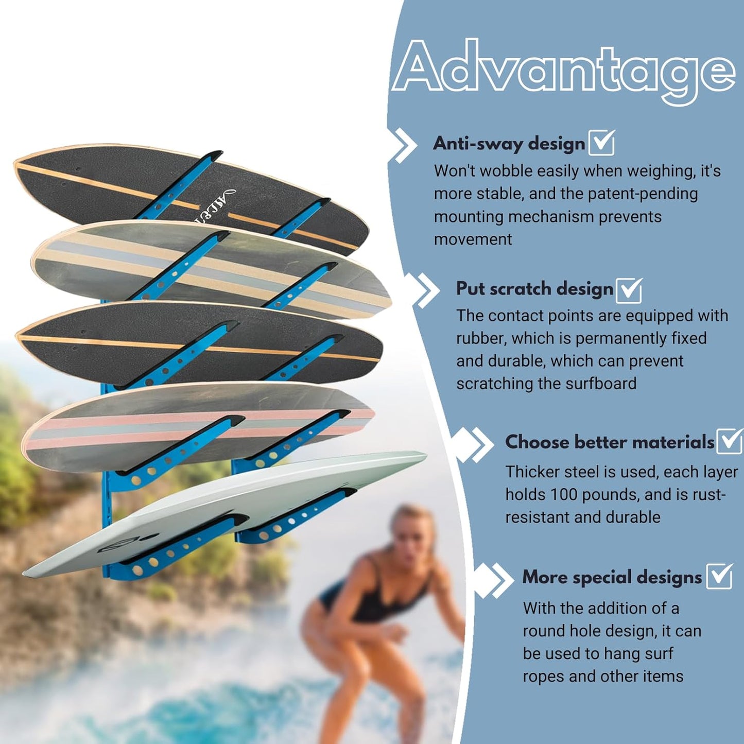 Snowboard Wall Mount, Adjustable 5/6 Board Surfboard Rack, Surfboard Wall Hangers for Surfboard, Wakeboard, and Snowboard Storage at Home or Garage