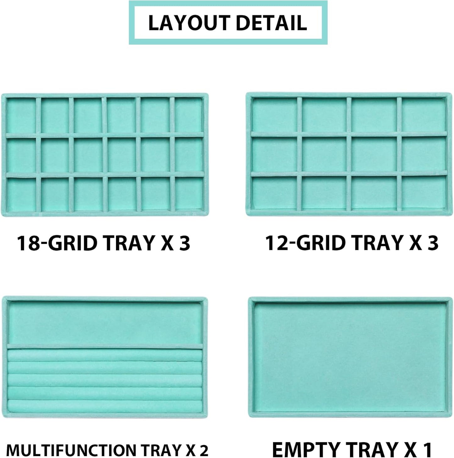 Frebeauty Jewelry Organizer Tray,Stackable Velvet Jewelry Trays,Drawer Inserts Earring Organizer For Women Jewelry Storage Display Case for Rings Stud Necklaces,8.3 x 4.9 x 1 Inches (Turquoise)