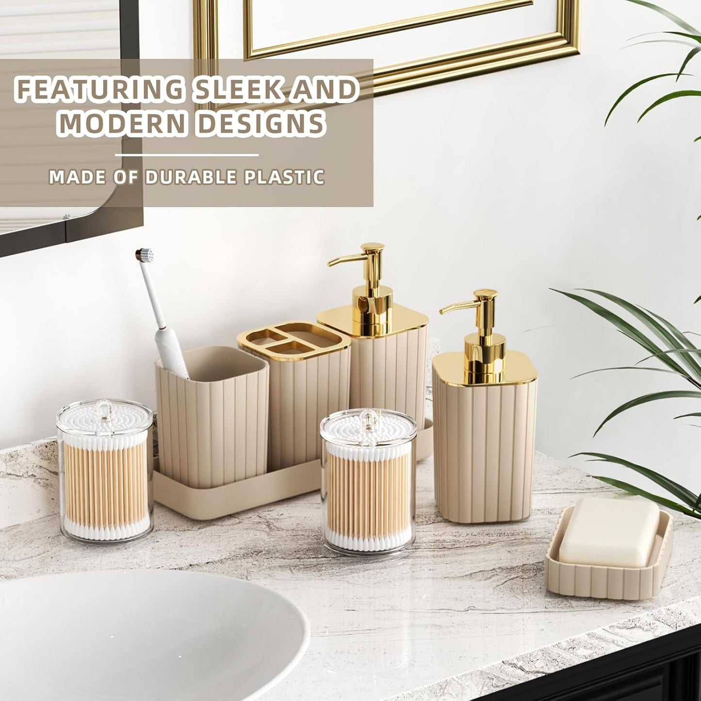 Bathroom Accessories Set - Gorgeous Bathroom Set, 10PC Beige Bathroom Accessory Set, Toilet Brush, Trash Can & Soap Dispenser