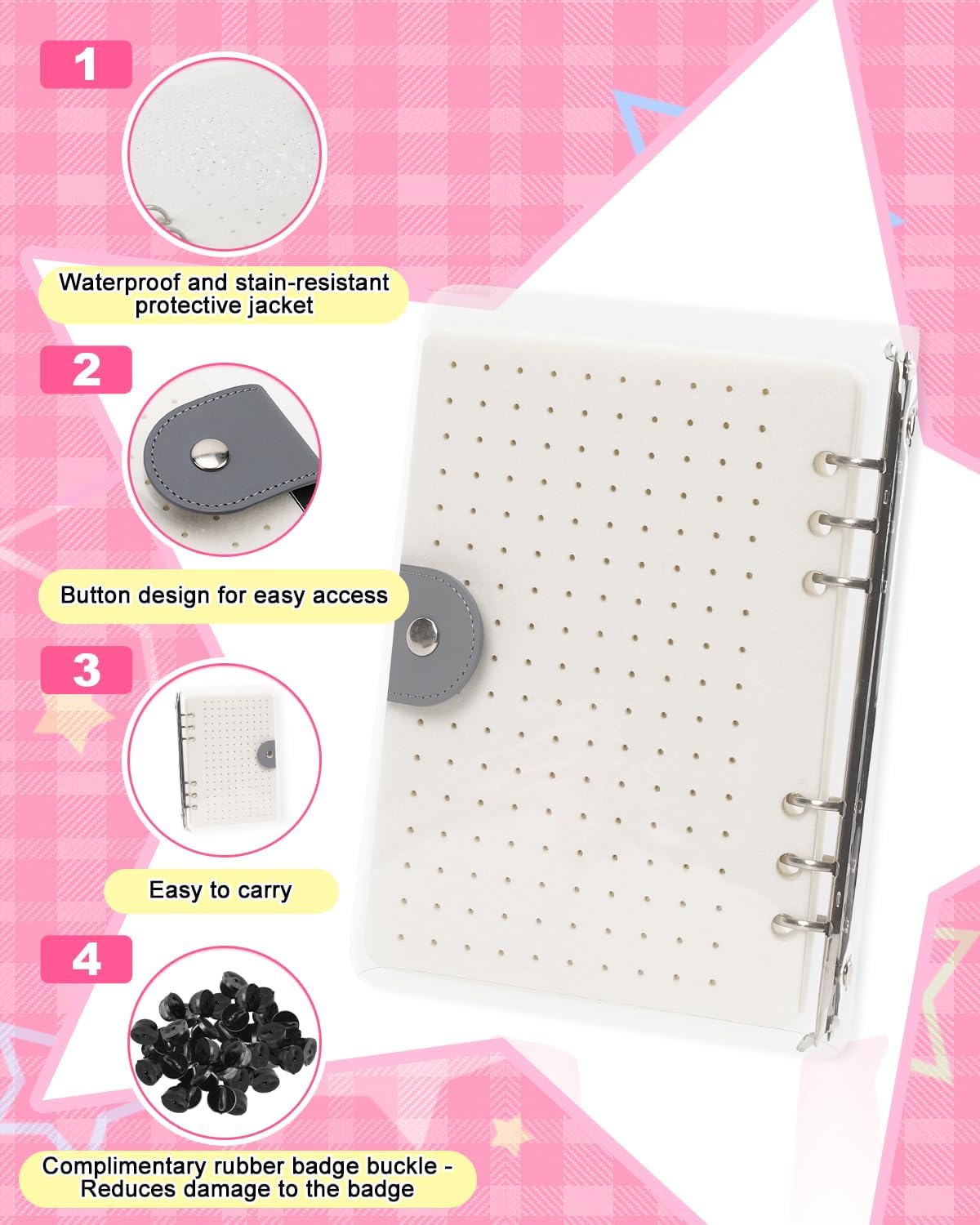 UCEC White Enamel Pin Display Book & 50 PCS Pin Backs, A5 Binder Album for Pins and Brooch, 8-Page Button Pinfolio Trading Organizer with Clear PVC Cover, Portable Enamel Pin Collection Storage Book