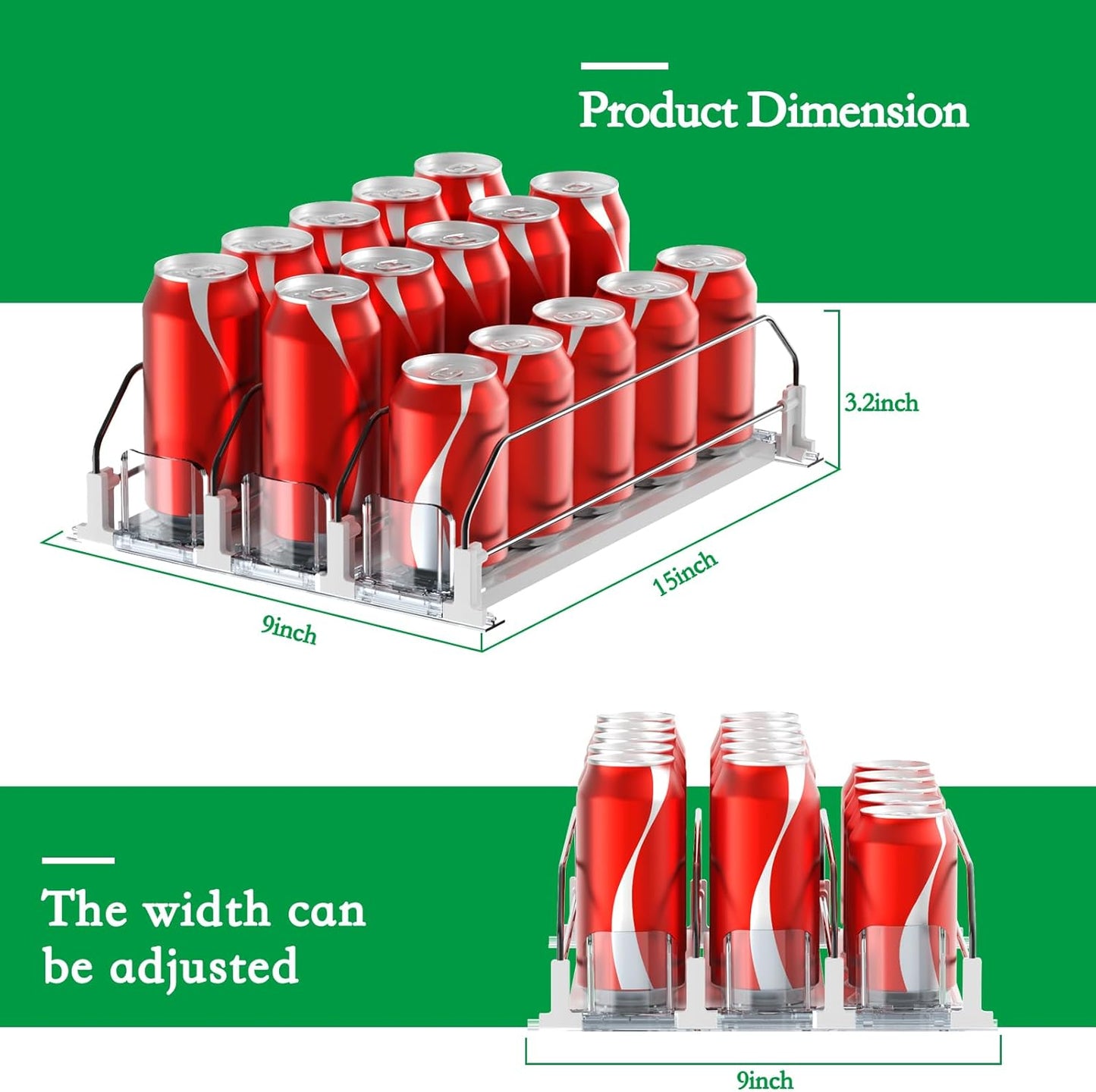 Drink Organizer for Fridge-White Automatic Pusher Glide,12oz 16oz 20oz-Soda Dispenser for Fridge-Holds up to 15 Cans