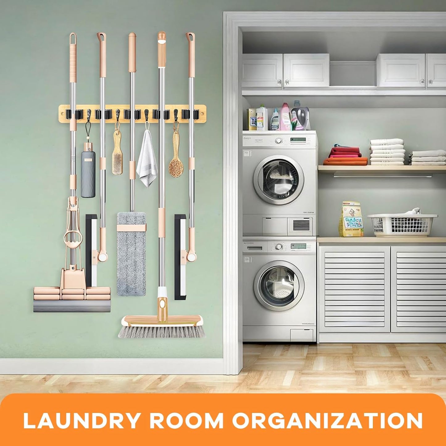 IMILLET Broom Holder Wall Mount, Bamboo Broom Hanger with 5 Racks 4 Hooks, Mop and Broom Holder Wall Mount Self Adhesive, Home Organization and Storage for Laundry Room, Closet, Utility Room