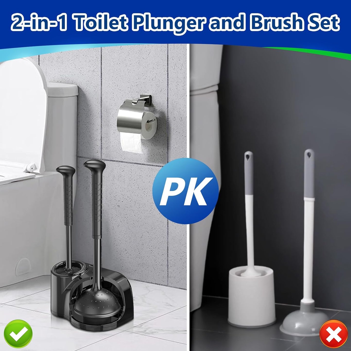 Toilet Brush and Plunger Set: 2-in-1 Heavy Duty Toilet Plunger and Bowl Brush Combo with Holder for Bathroom Cleaning - Black