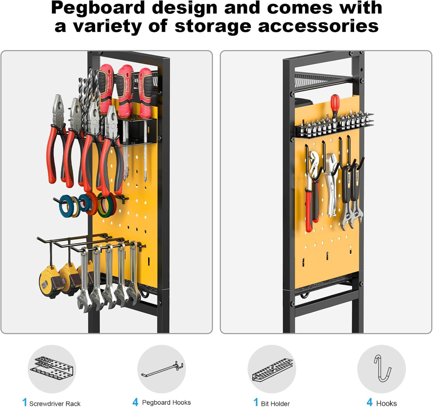 CCCEI Garage Power Tools Organizer Cart with Charging Station, Black Floor Standing Rolling Drill and Tools Battery Storage Cart on Wheels. Yellow Utility Rack Gift for Men, Husband, Father.