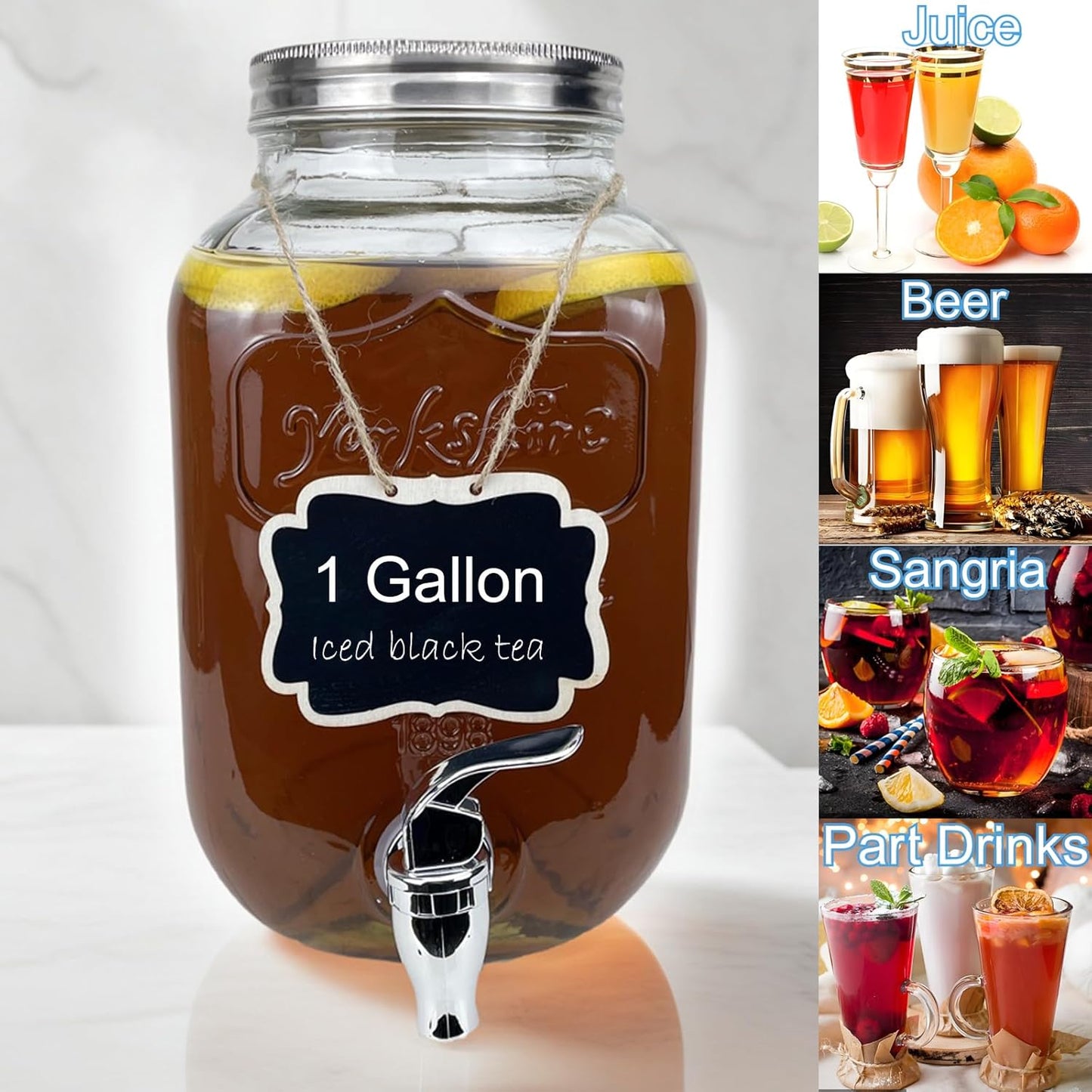 1 Gallon Glass Drink Dispenser for Parties, 1PCS Juice Lemonade Ice Tea Water Dispenser with Stand, HENABLE Beverage Dispensers with Spigot for BBQ, Picnic, Party