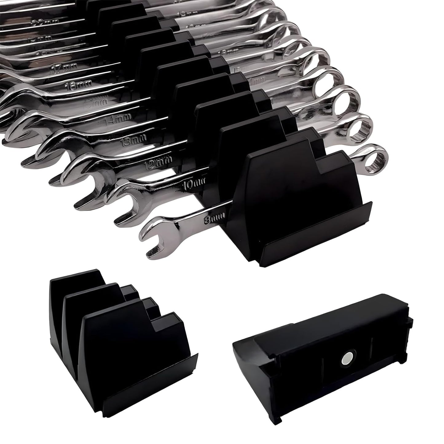 92 Pack Magnetic Wrench Organizers for Toolbox Drawers - Heavy Duty Modular Wrench Rack with Metric & SAE Labels - Wrench Holders Organizers for Professional Tool Storage (Black)