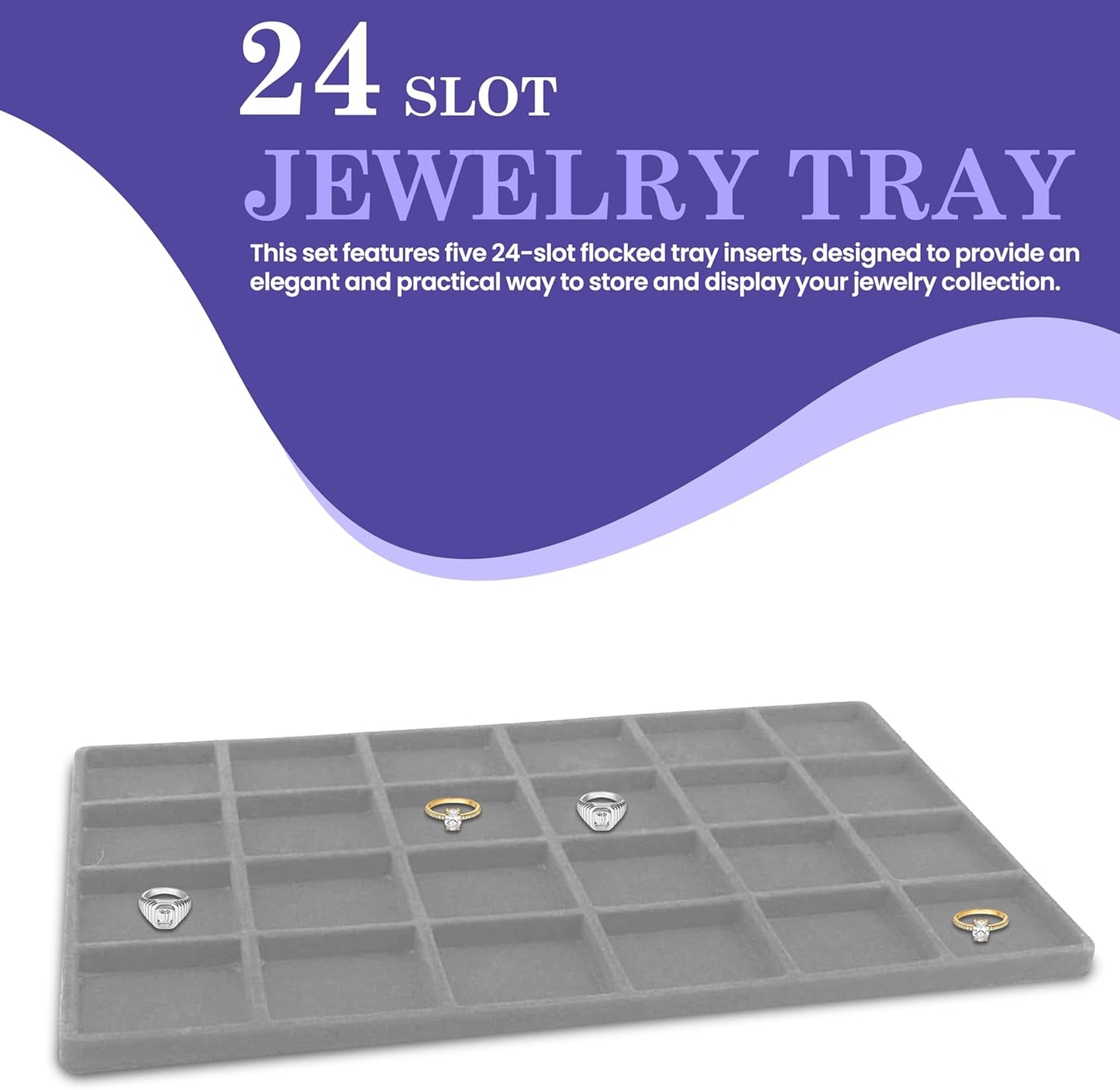 Novel Box 5 Pack 24-Slot Gray Liner Jewelry Storage Tray Inserts 14.75x8.25x1 Inches - Jewelry Organizer Pad for Drawers & Store Displays - Jewelry Display Pads for Rings Earrings & Pendants