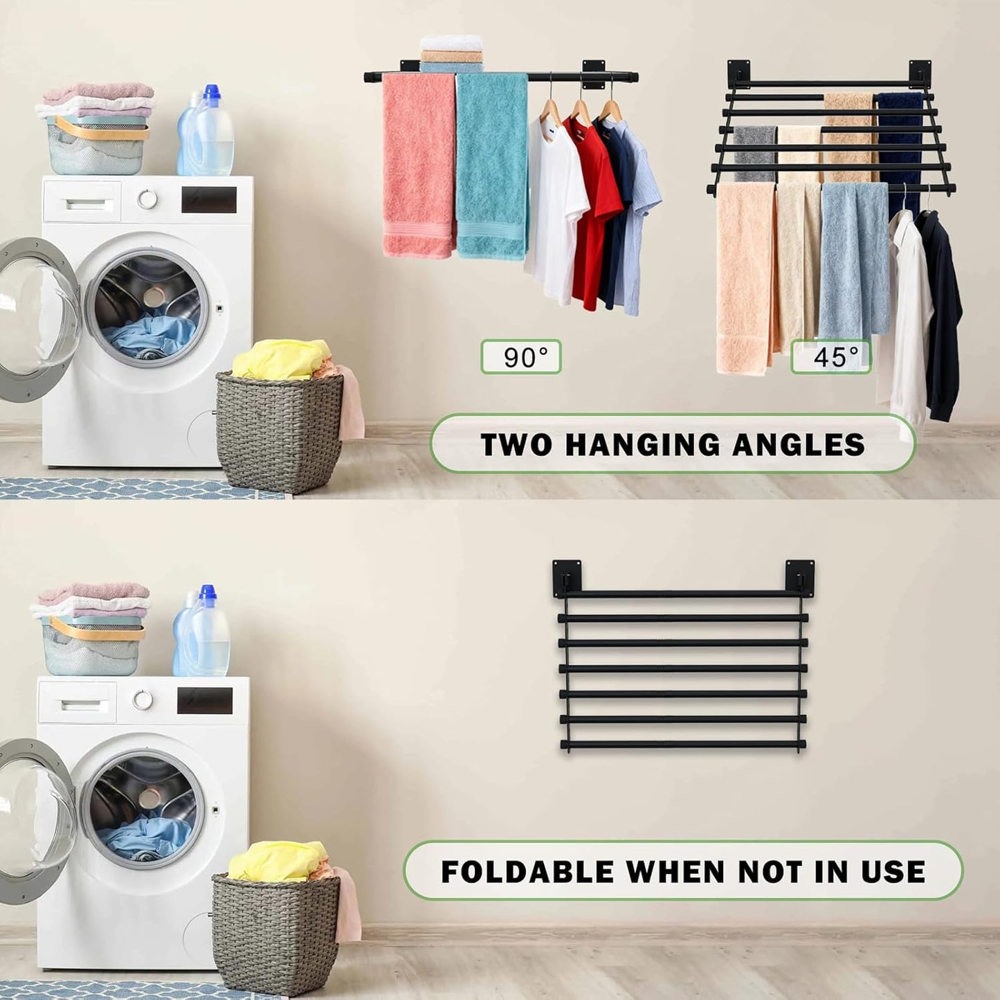 Wall Mounted Drying Rack, 43 Inches Wall Laundry Drying Rack Collapsible Indoor Clothes Drying Rack for Hanging Clothes