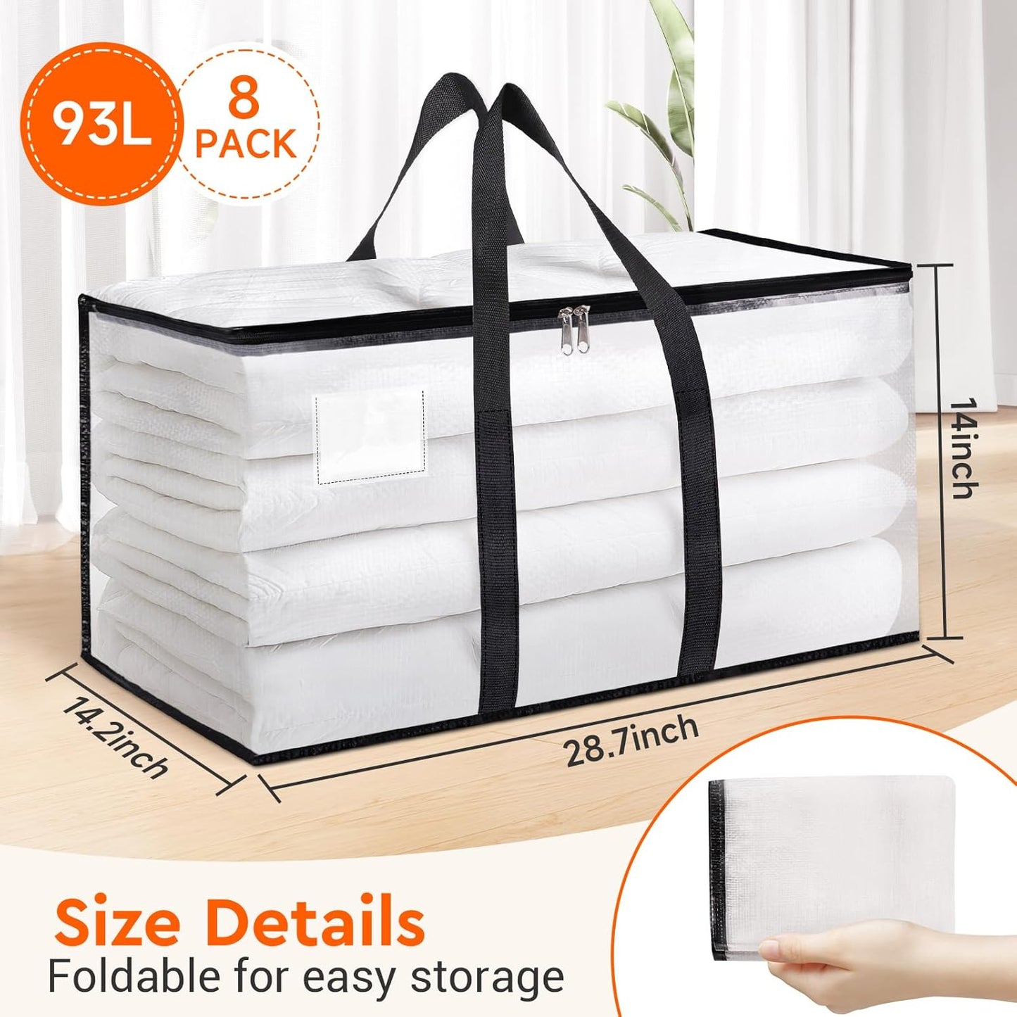 BlissTotes Moving Bags, 93L 8-Pack Storage Bags, Moving Box Heavy Duty Extra Large, Moving Totes with Zipper, Reinforced Handles & Tag Pocket, Boxes for Packaging Moving