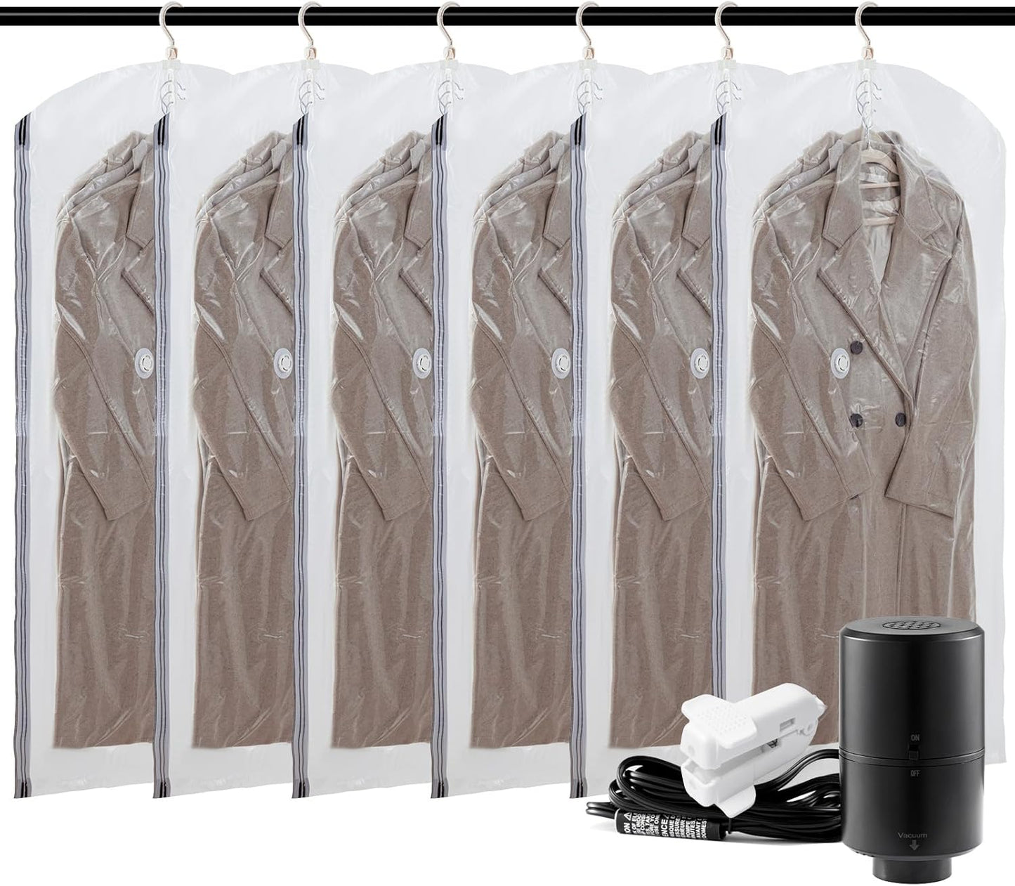 TAILI Hanging Vacuum Sealer Suction Space Saver Storage Bags for Clothes with Electric Air Pump And Rolling Slide Clip for Coats, Closet Organizers, 6 Long