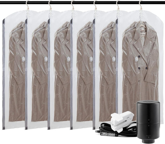 TAILI Hanging Vacuum Sealer Suction Space Saver Storage Bags for Clothes with Electric Air Pump And Rolling Slide Clip for Coats, Closet Organizers, 6 Long