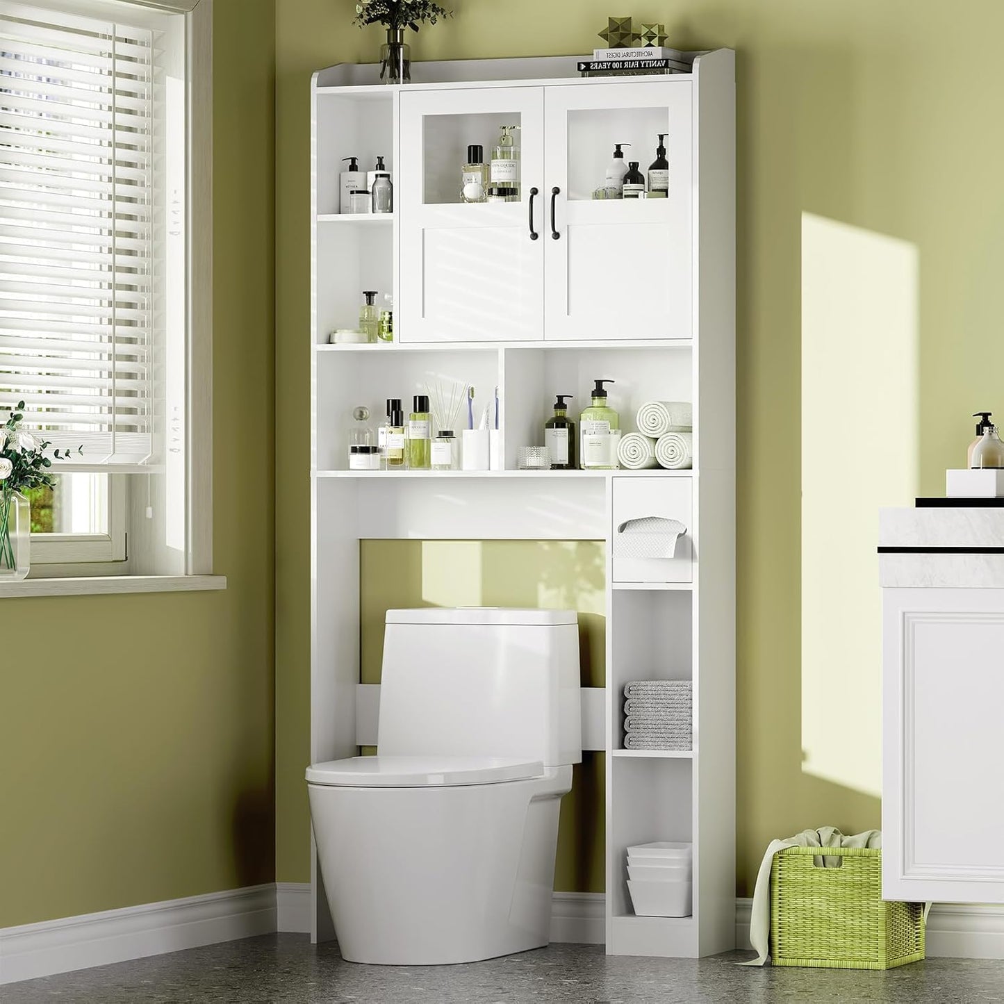 Over Toilet Storage Cabinet, 67 Inch Wall Mounted Tall Cabinet, Freestanding Bathroom Organizer Shelf for Bathroom, Restroom, Laundry, White