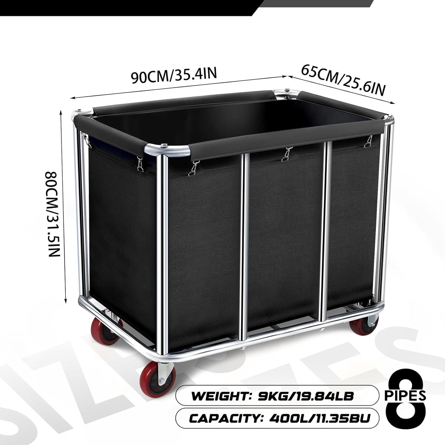 Commercial Laundry Cart with Wheels, 11.35 Bushel Large Laundry Tumbler with Removable Waterproof Canvas Lined Basket, Heavy Duty Stainless Steel Laundry Basket for Hotels and Hospitals