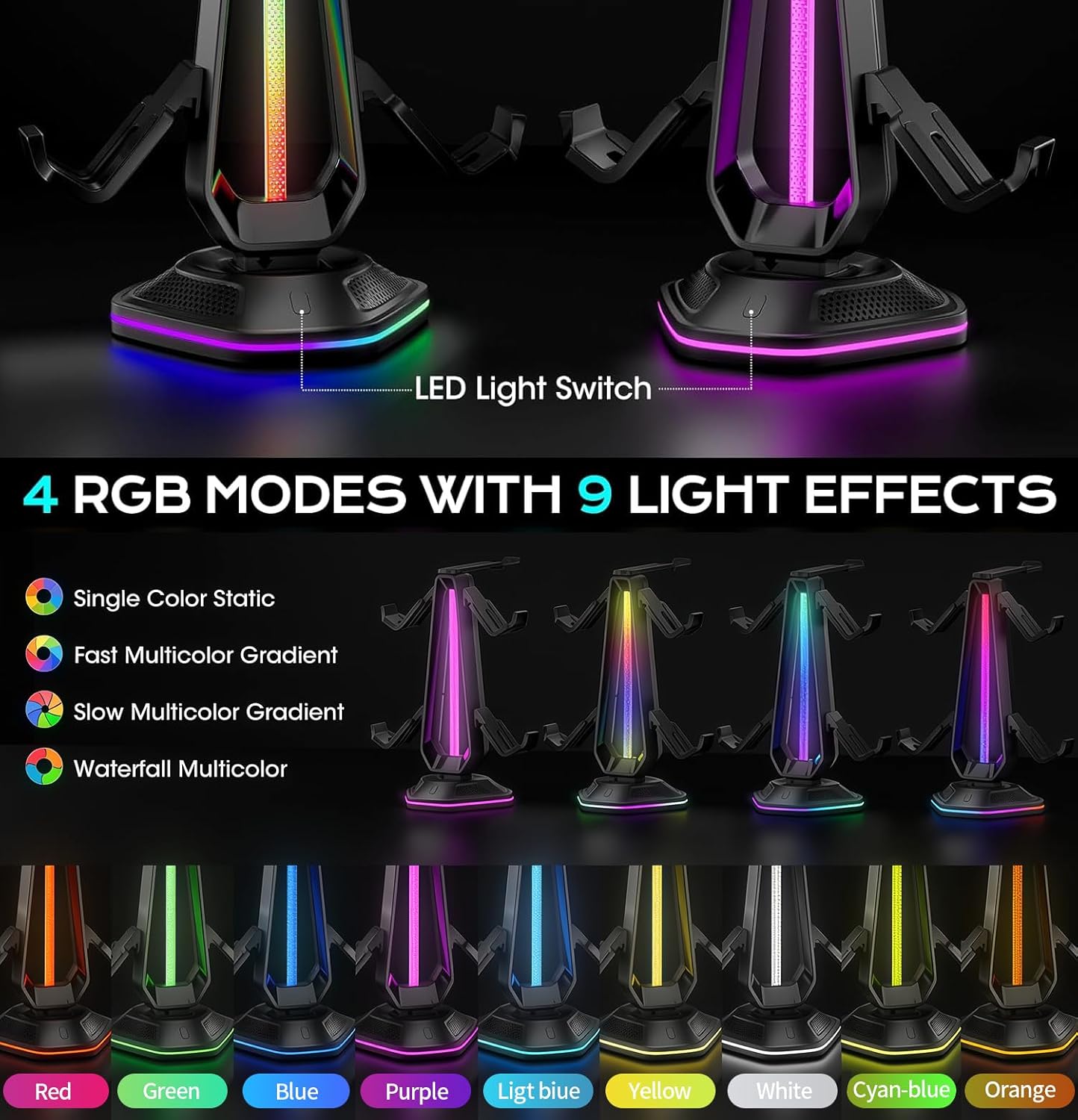 RGB Headset Stand with 9 Light Modes and 2 USB Charging Ports - Controller Holder for Desk - Headphone Stand & Detachable Controller Hook for PC Earphone Gaming Room Setup Accessories