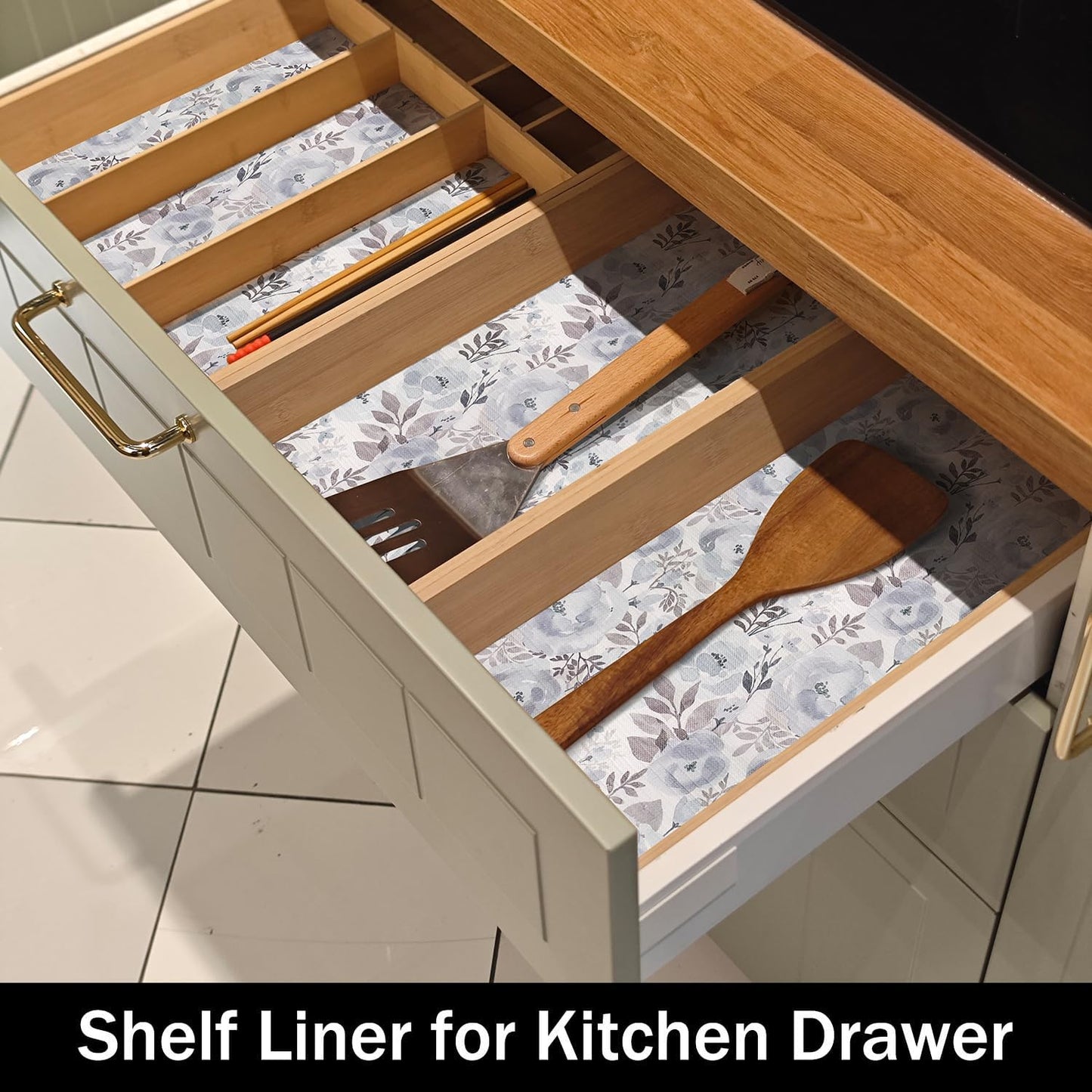 Blue Peony Shelf and Drawer Liner for Kitchen,Non-Adhesive and Strong Non-Slip Floral Cabinet Drawer Liners for Kitchen Shelf, Waterproof Cupboard Liners,Easy to Clean,12IN x 10FT