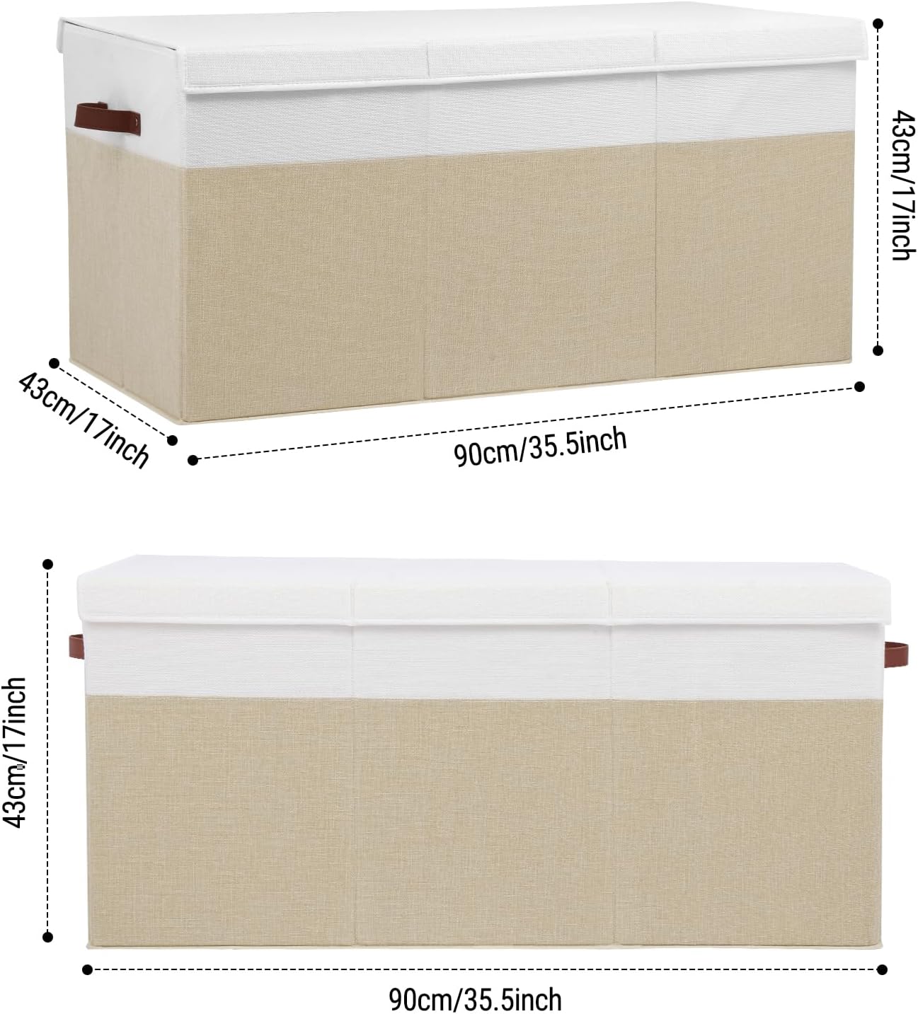 Extra Large Toy Storage Box with Lid, Sturdy Toys Storage Chest Bin Organizer Basket with Dividers for Kids, Boys, Girls, Nursery, Closet, Bedroom, Playroom 35.5"x17" x17" (Beige and White)