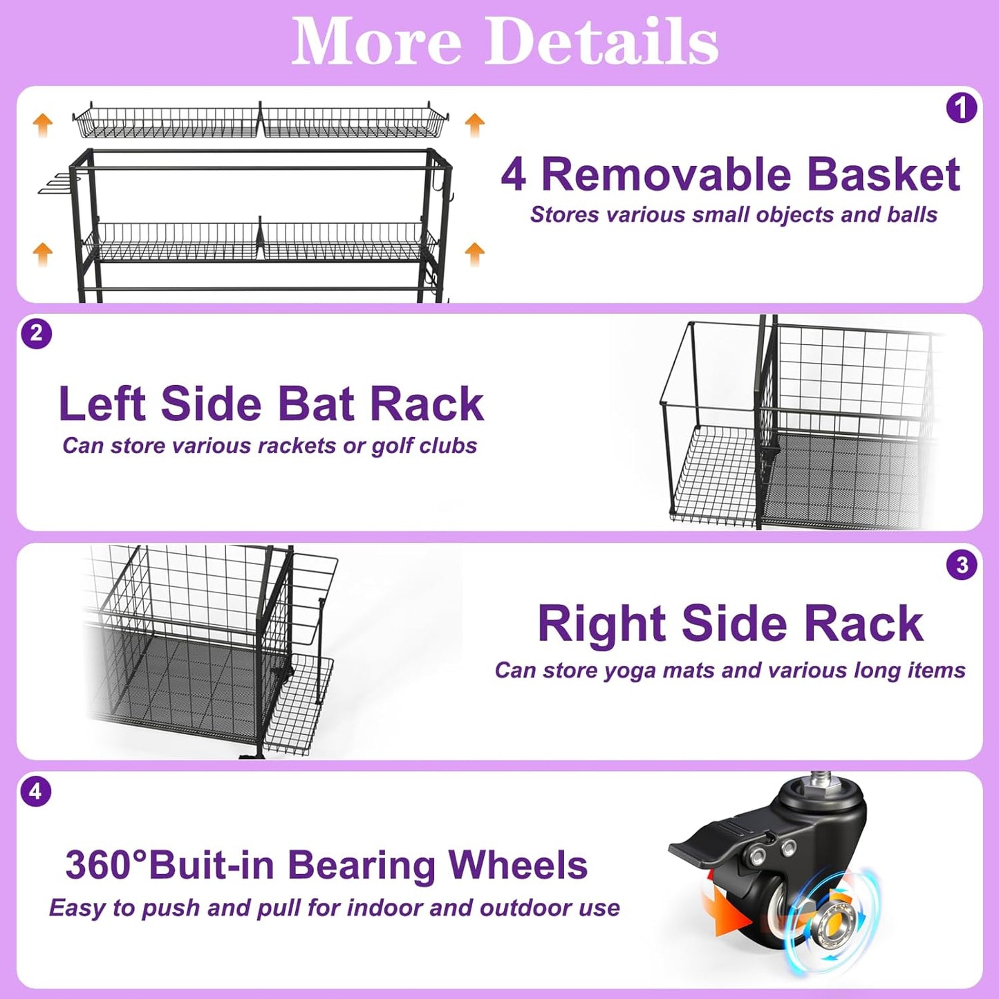 Sports Equipment Organizer, Outdoor Toy Storage - Garage Storage with 2 Side Racks & Removable Baskets, Heavy-Duty Garage Organization Ball Cart with Wheels for Sports