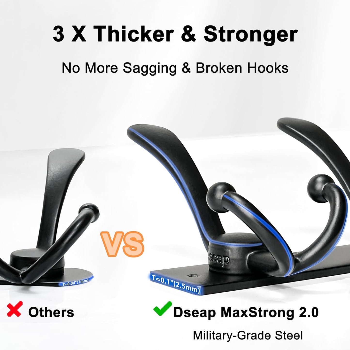 Dseap Coat Rack Wall Mount 2.0 Pro: Heavy Duty 300% Thicker, 16" Stud Mount, Stainless Steel Wall Coat Hooks Hanger for Clothes Jackets Hats Entryway Closet, MaxStrong Series, Black, Pack of 2