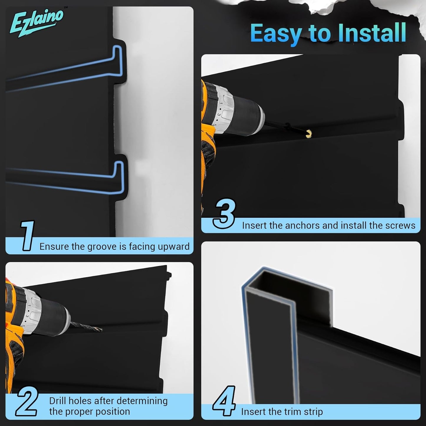 Ezlaino Slat Wall 4FT x 4FT, Versatile PVC Slatwall Paneling w/Long-Lasting Durability, Easy to Clean, Fits Most Slatwall Accessories, Ideal Organizer for Garage, Home & Store Storage, Black