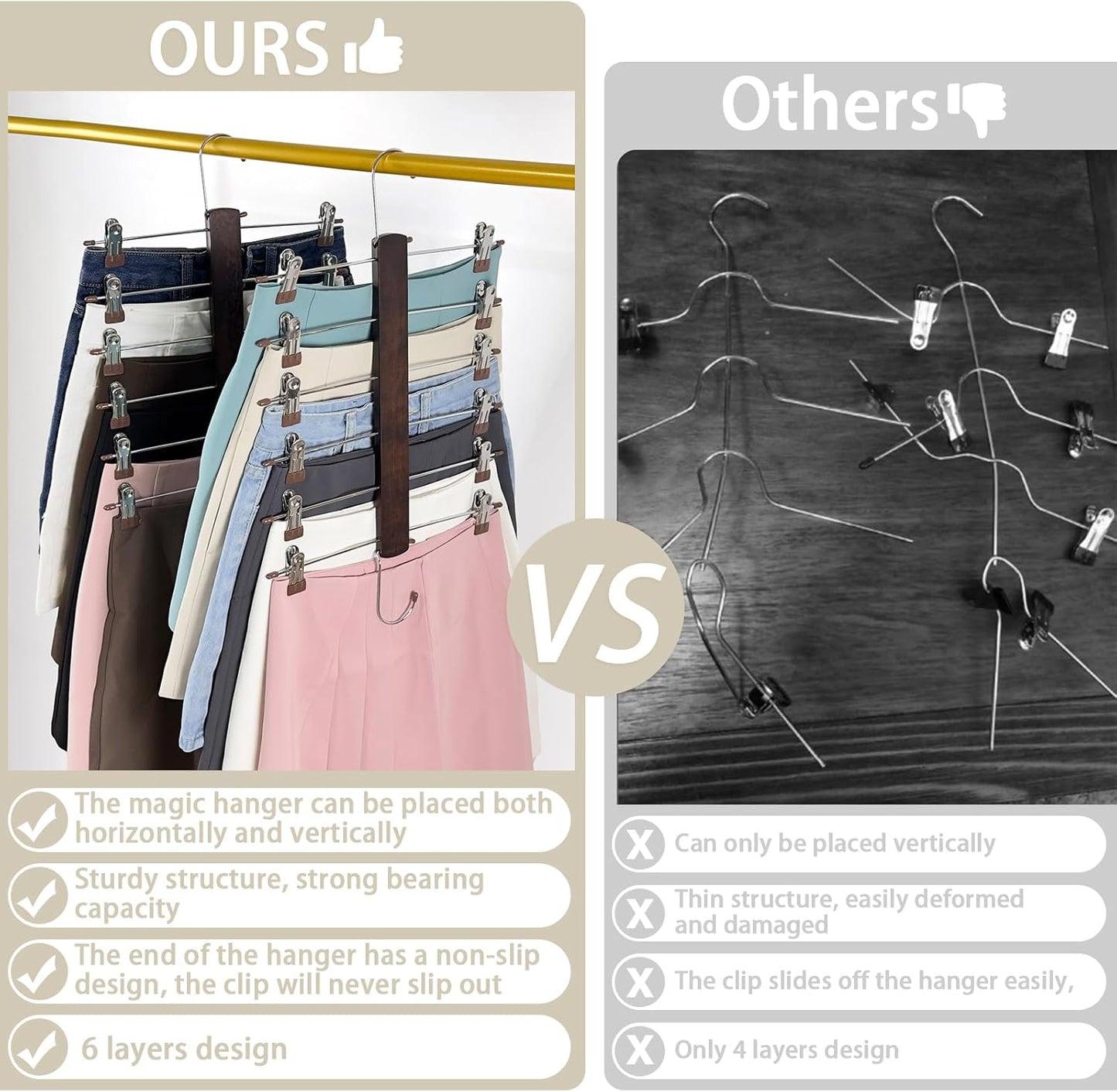 Skirt Hangers Space Saving,6 Tier Closet Organizers & Storage,Wooden Magic Hanger & Hanger with Clips,Pants-Hangers-Space-Saving for Hanging Pants Skirts Shorts Scarf Jeans（2 Piece）
