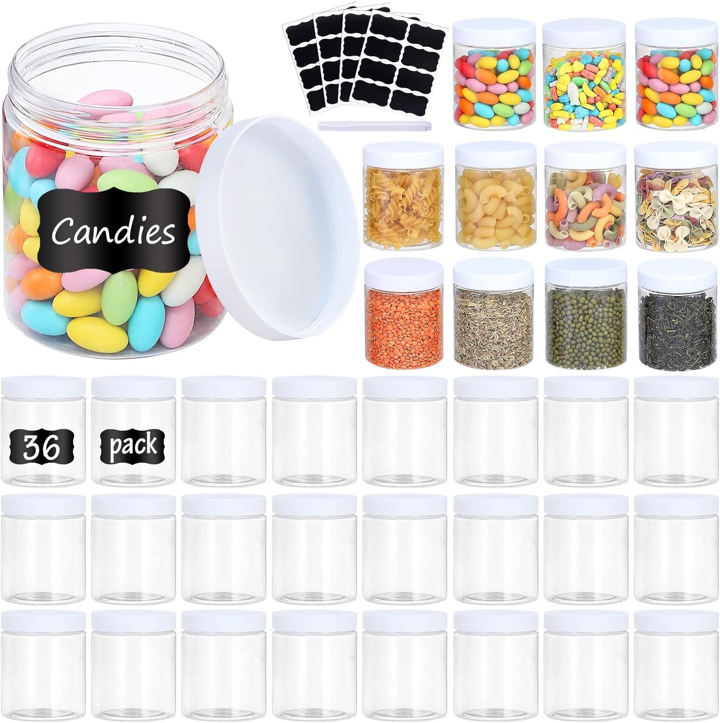 36PCS 8OZ Plastic Jars with Screw On Lids, Labels Refillable Empty Round Slime Containers for Storing Dry Food, Honey Jam, Cream, Butter, Lotion (White)
