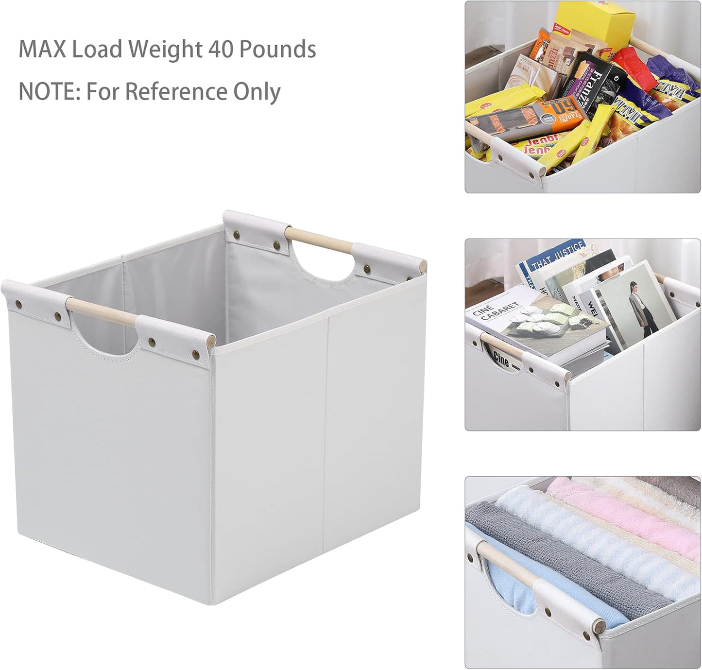 HOONEX Large Collapsible Storage Bins, Linen Fabric, Pack of 2, Storage Baskets with Wooden Carry Handles and Sturdy Heavy Cardboard, for Home, Office, Car, Nursery, White