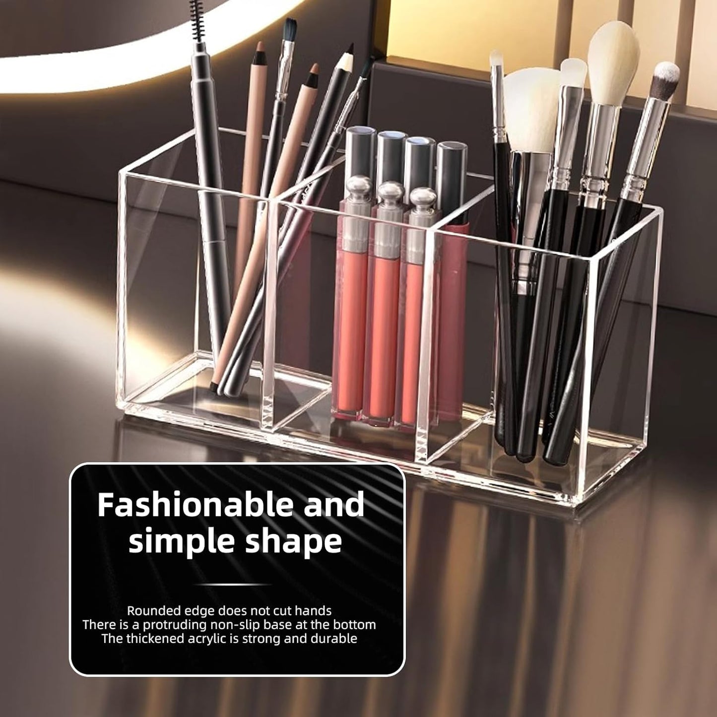 Acrylic Makeup Brush Holder, 2 Pack Clear Pencil Holder, Desk Accessories Holder with 3 Compartments, Brush Organizer for Vanity, Desk, Cosmetic Display