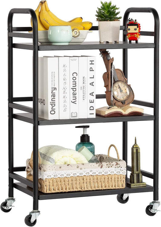 HDANI 3 Tier Rolling Cart Shelves,Heavy Duty Multifunctional Metal Frame-Supports 22 Lbs Per Tier,Rolling Cart with 2 Lockable Wheels for Home,Office,Kitchen,Bathroom,Bedroom,Black